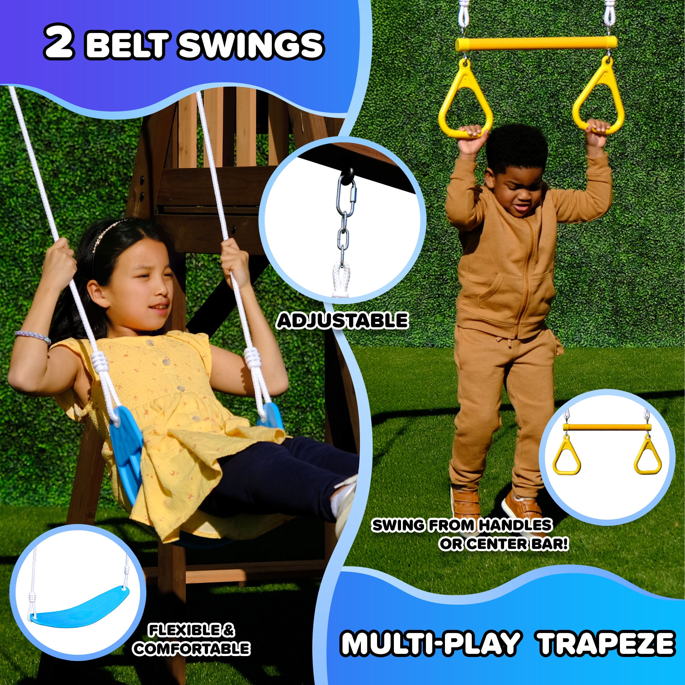 Sportspower Rosemont Wooden Swing Set with Play Fort, Rock Climber, Sandbox, and 8 ft Slide (Blue, 17.9 ft x 7 ft x 9.1 ft) uirkx