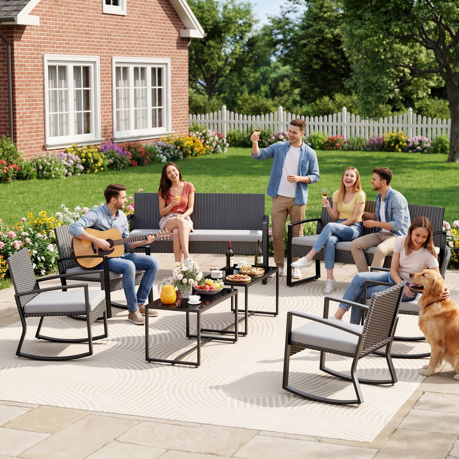 Lofka 8-Piece Outdoor Patio Furniture Set, All-Weather Wicker Rocking Chairs with Glass Coffee Tables (Gray, 8-Piece Set) sqtb1