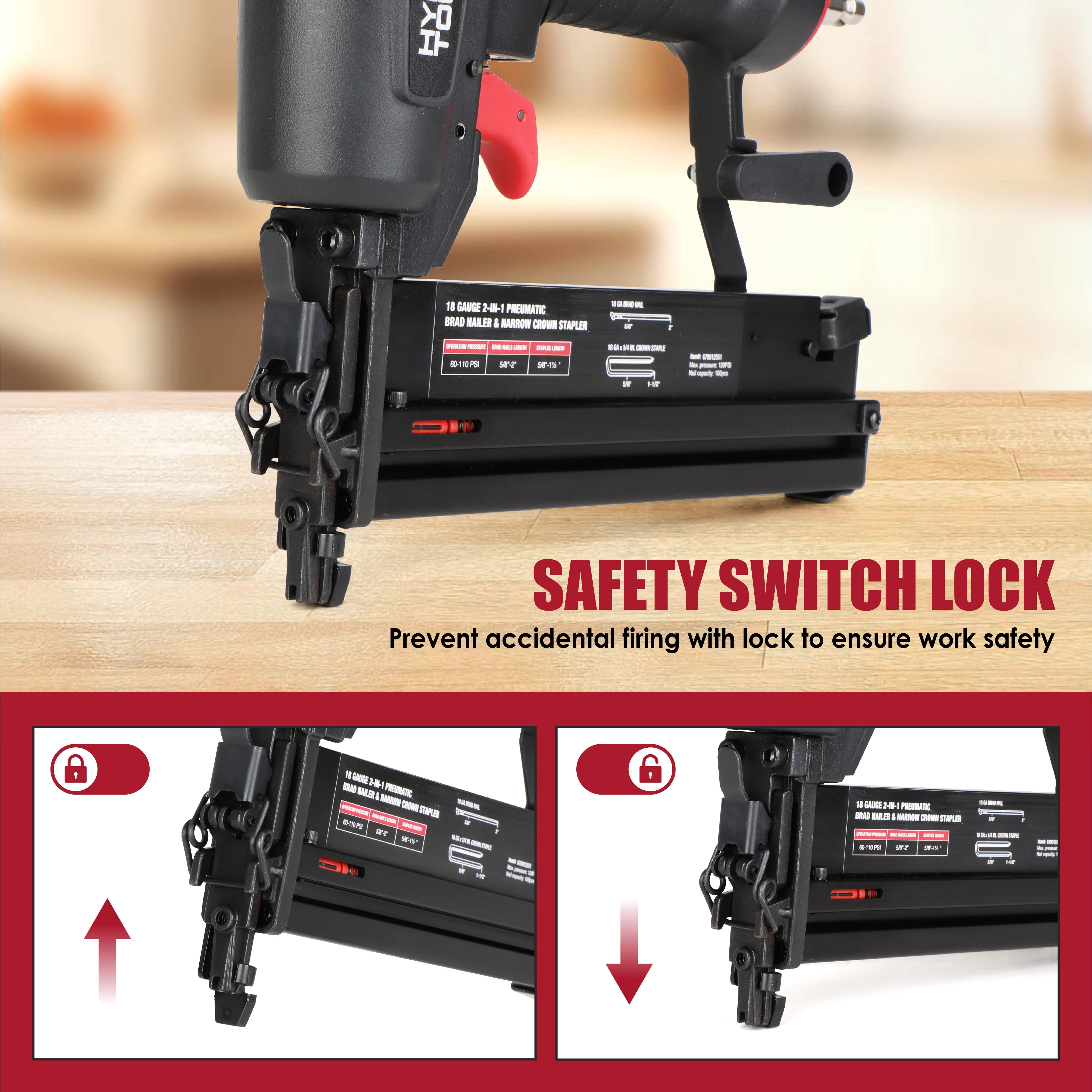 Hyper Tough 18 Gauge 2-in-1 Pneumatic Brad Nailer and Narrow Crown Stapler (Red, 2 in) pips8