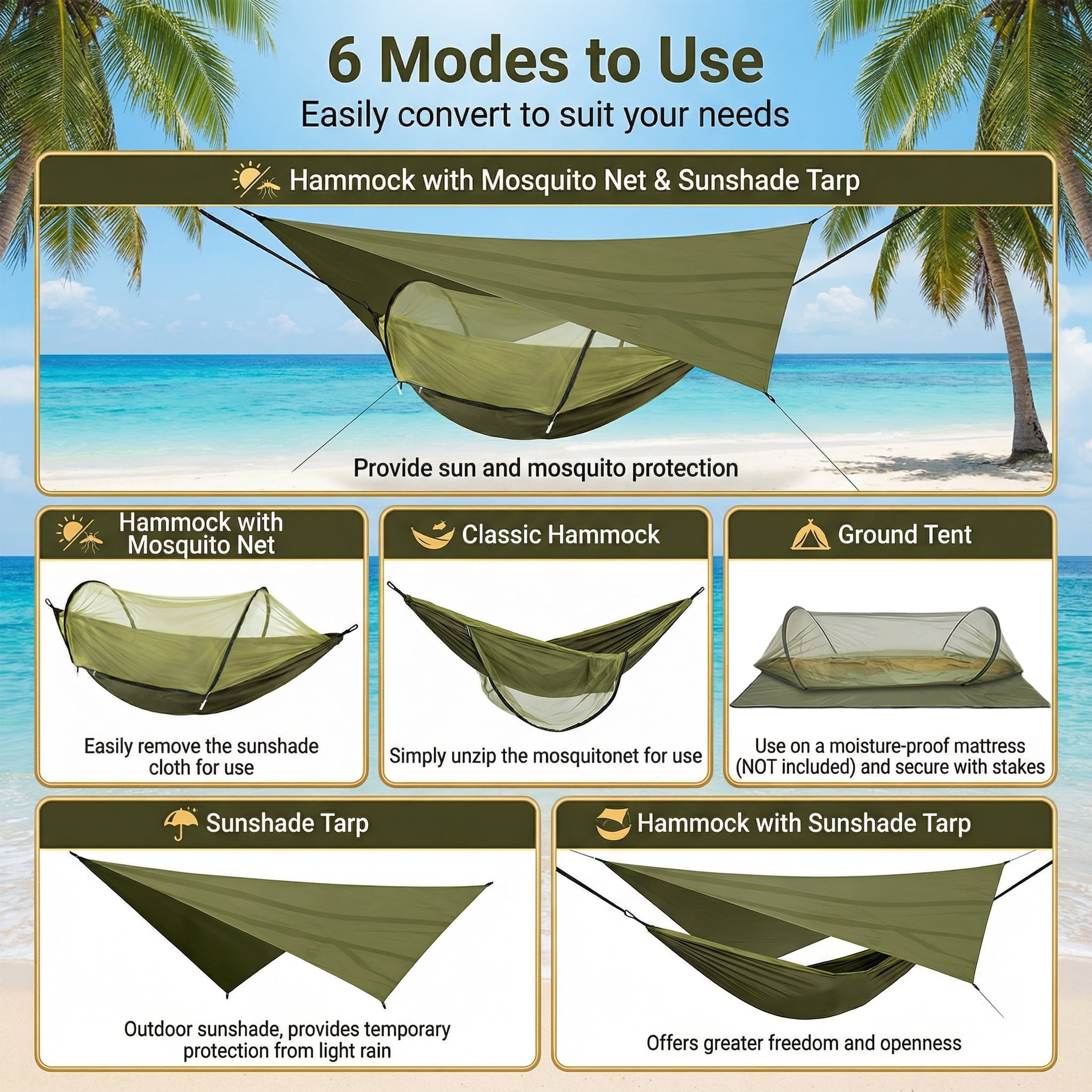 EZBY Camping Hammock with Mosquito Net and Sunshade Tarp (Green, 102 in x 55 in) 0c656