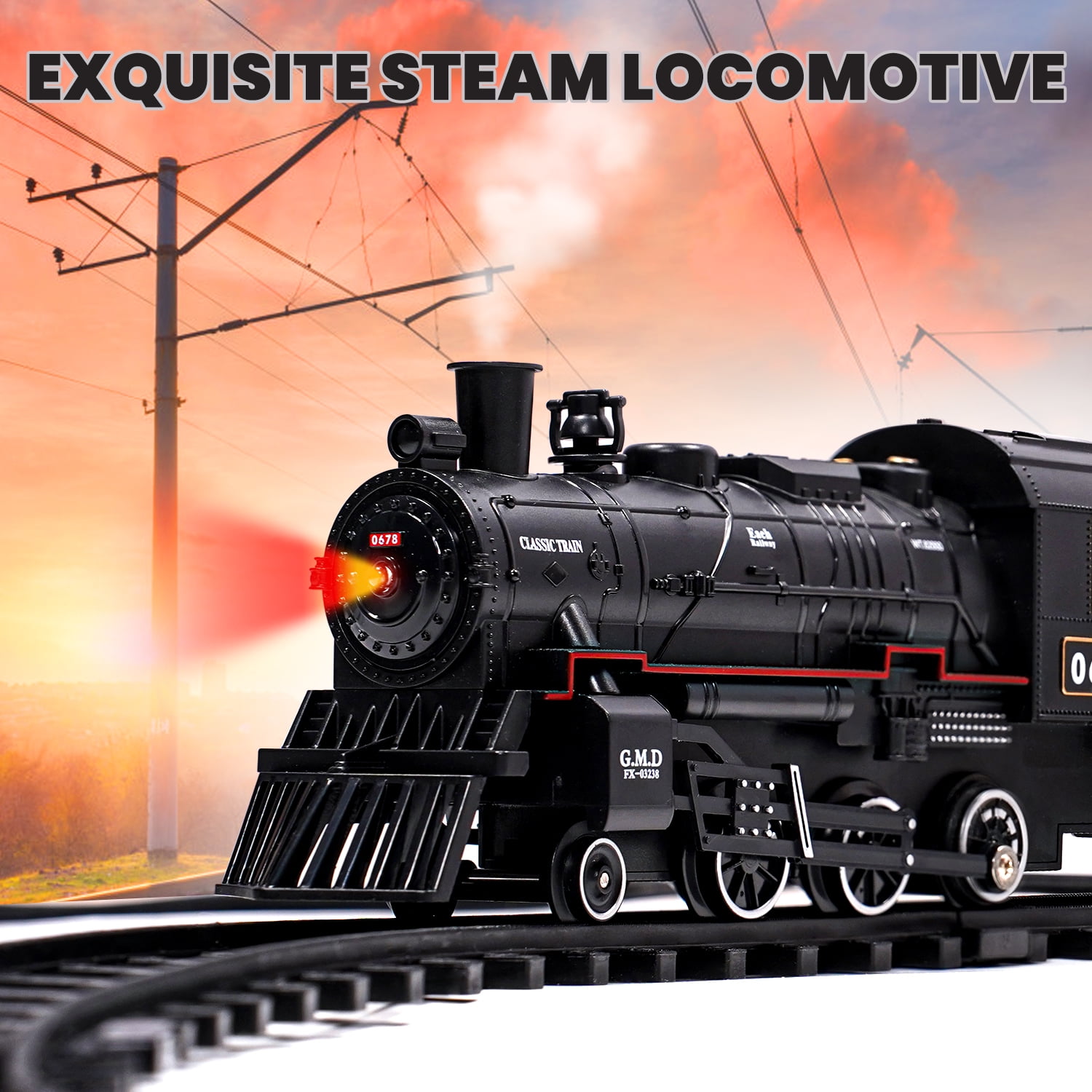 AUOSHI Electric Train Set with Remote Control, Steam Locomotive Engine with Lights, Sounds, and Smoke (71 in x 31 in) icsl7