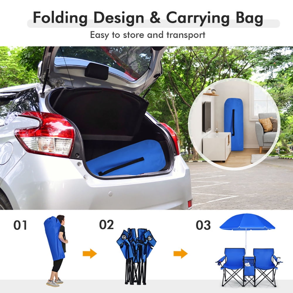 YYAo Double Folding Camping Chair with Umbrella and Cooler Bag (Blue, 2-Seat) 0x3dx