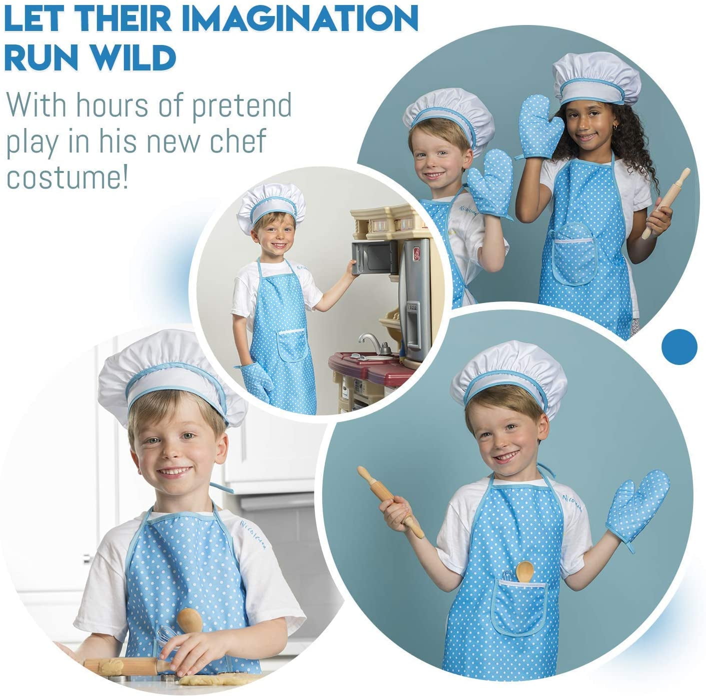 TiokMc Kids Cooking Set, 11-Piece Chef Role Play Kit with Apron and Baking Tools (Blue, 11-Piece Set) jnbws