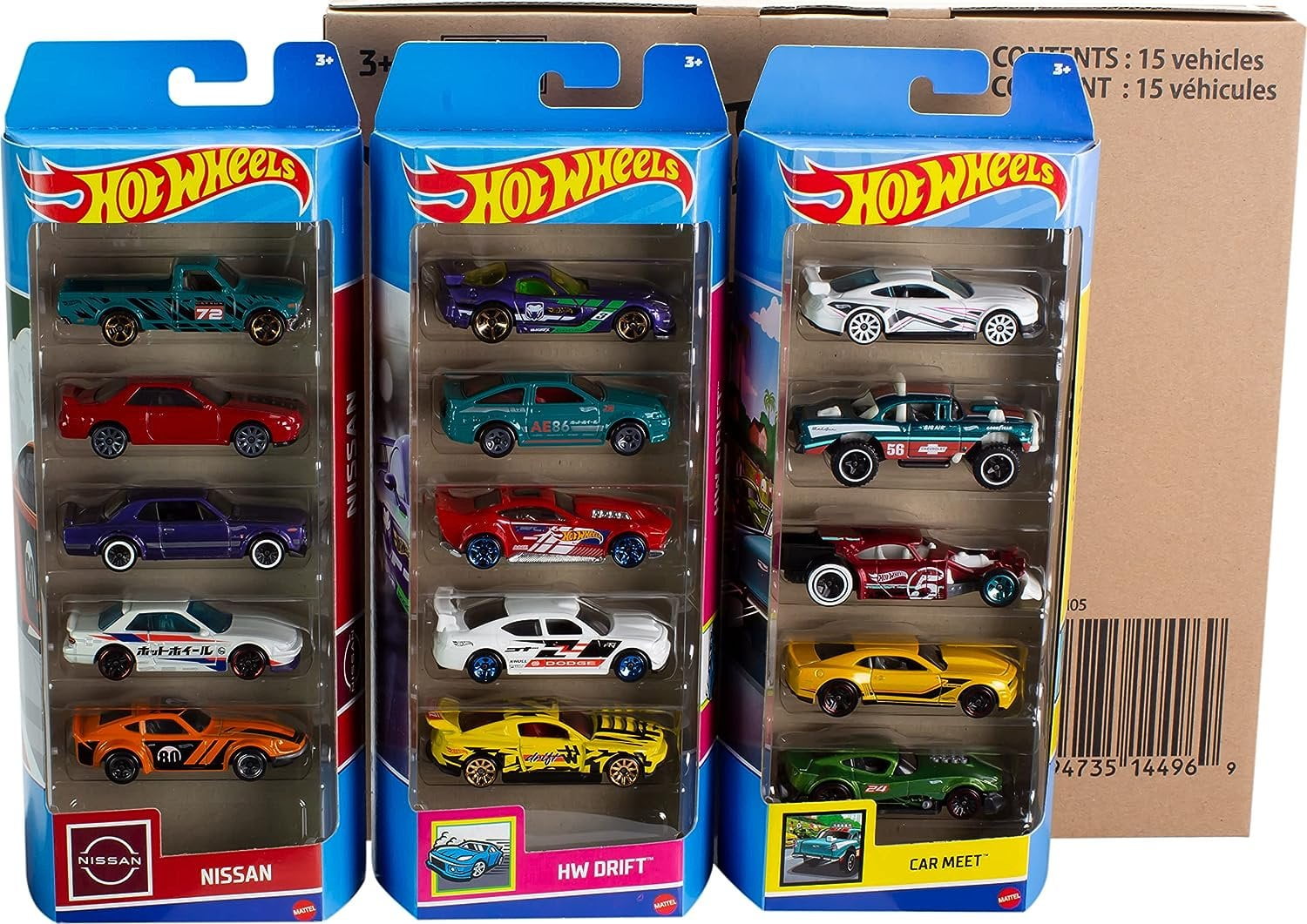 Hot Wheels 15-Car Die-Cast Vehicle Collection (3 Themed 5-Pack Bundles, 1:64 Scale) sn09i