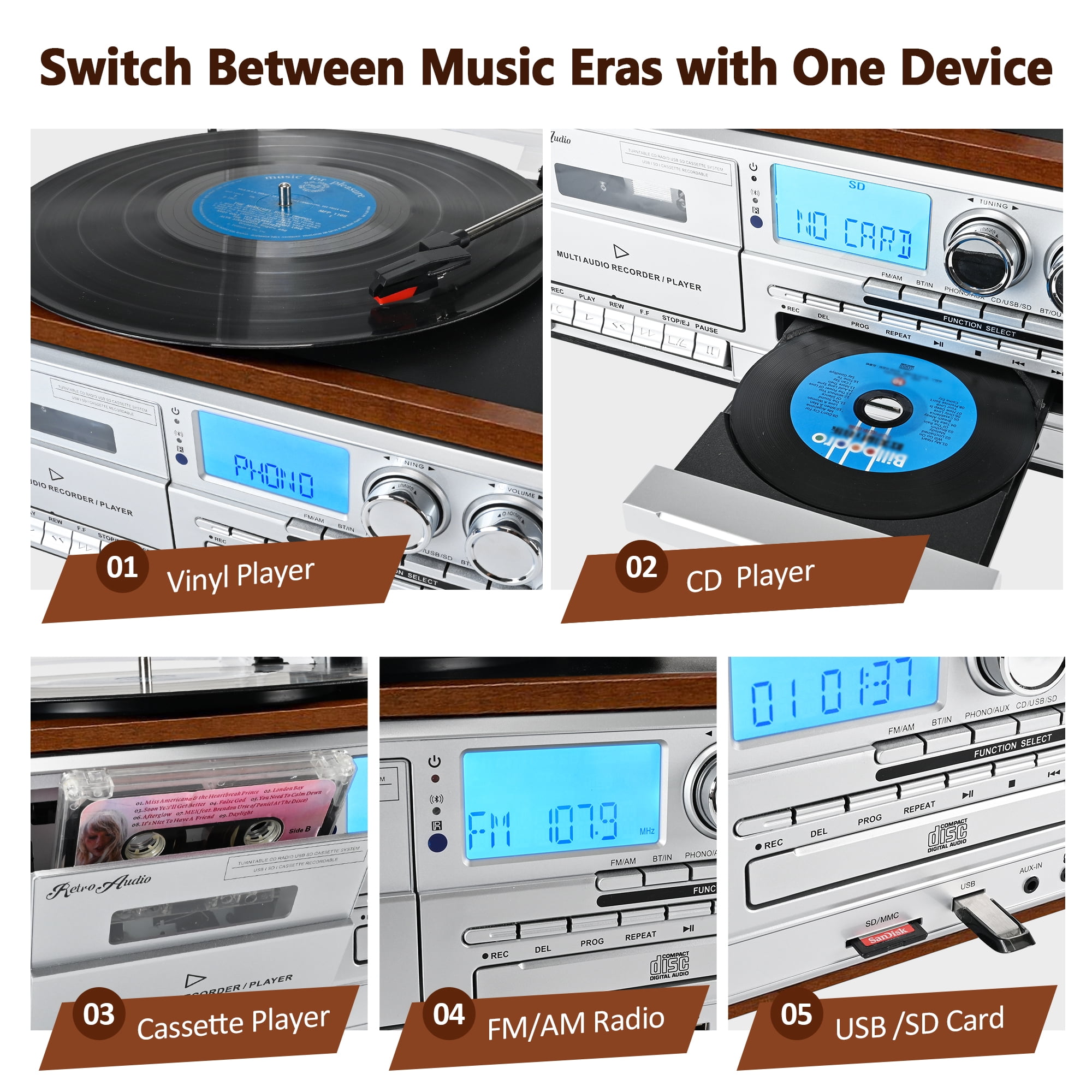 RetroAudio 10-in-1 Vintage Turntable System with Dual External Speakers, Bluetooth Connectivity, CD and Cassette Player (Brown) ltp6i