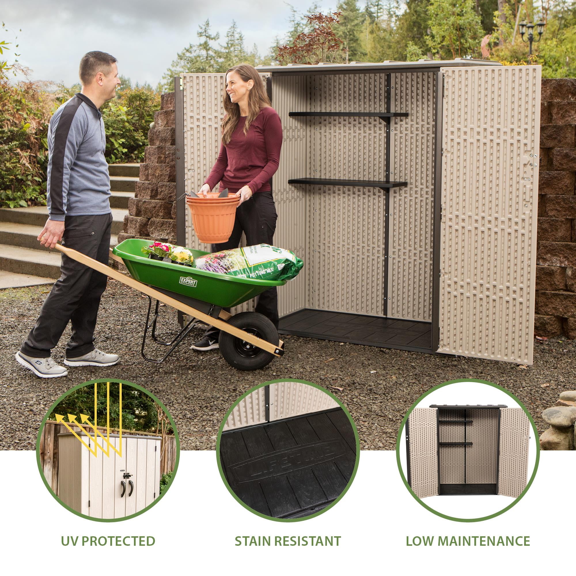 Lifetime Vertical Outdoor Storage Shed, Weather-Resistant Polyethylene Garden Organizer (Tan, 53 cu. ft.) 2xnmw