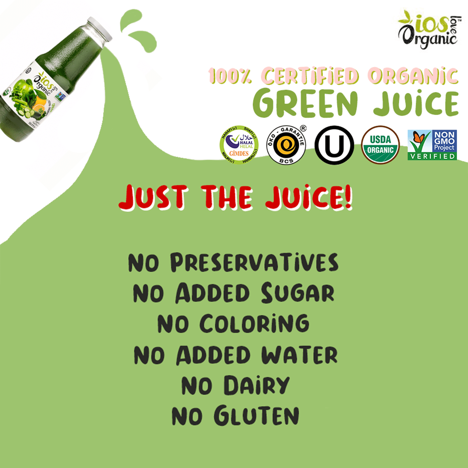 IOS Love Organic Green Juice, Cold Pressed Nutrient-Rich Vegetable Blend (Green, 6 Pack of 33.8 fl oz) 92qg0