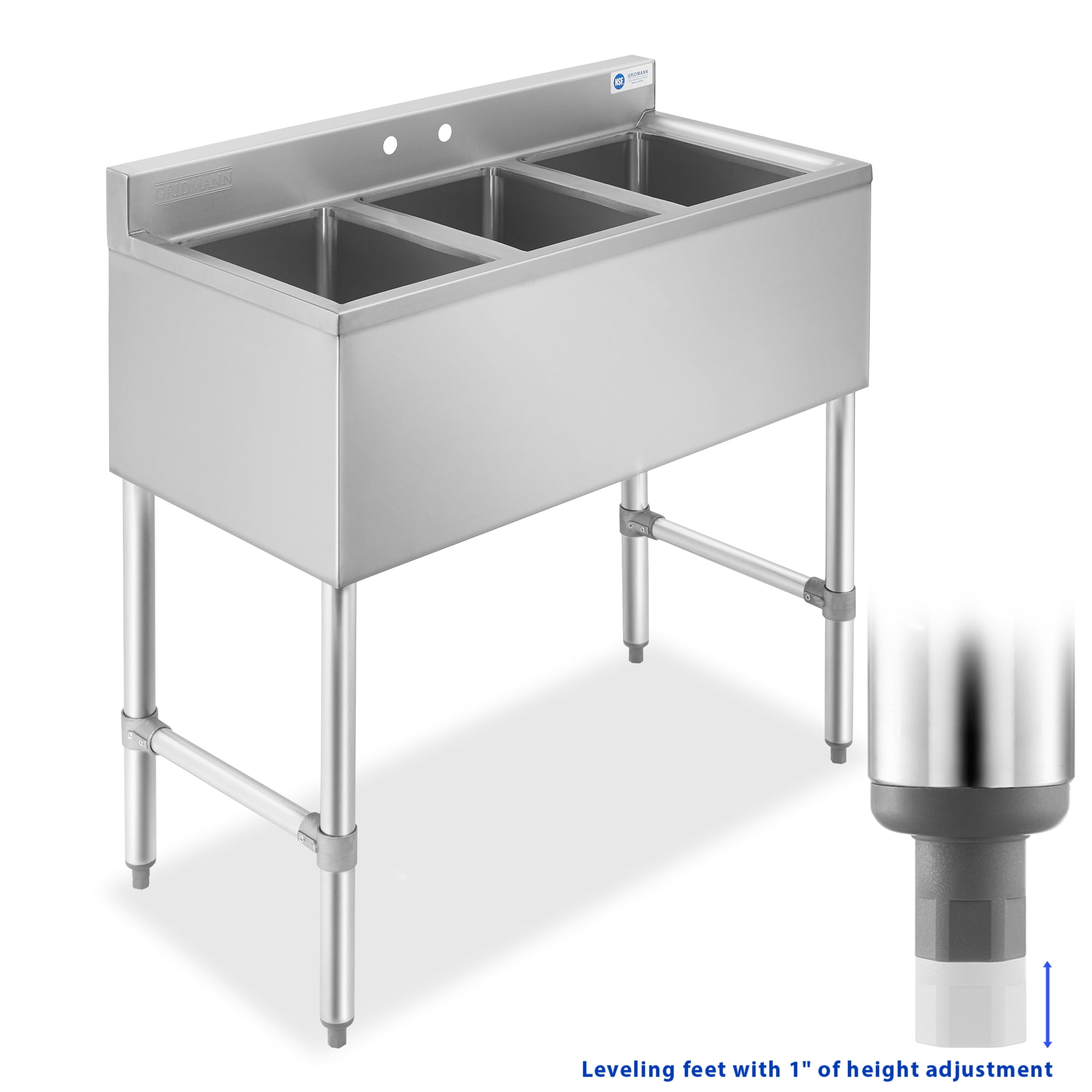 Gridmann 3 Compartment Stainless Steel Bar Sink (Silver, 38.5 in L x 18.75 in W) twqyc