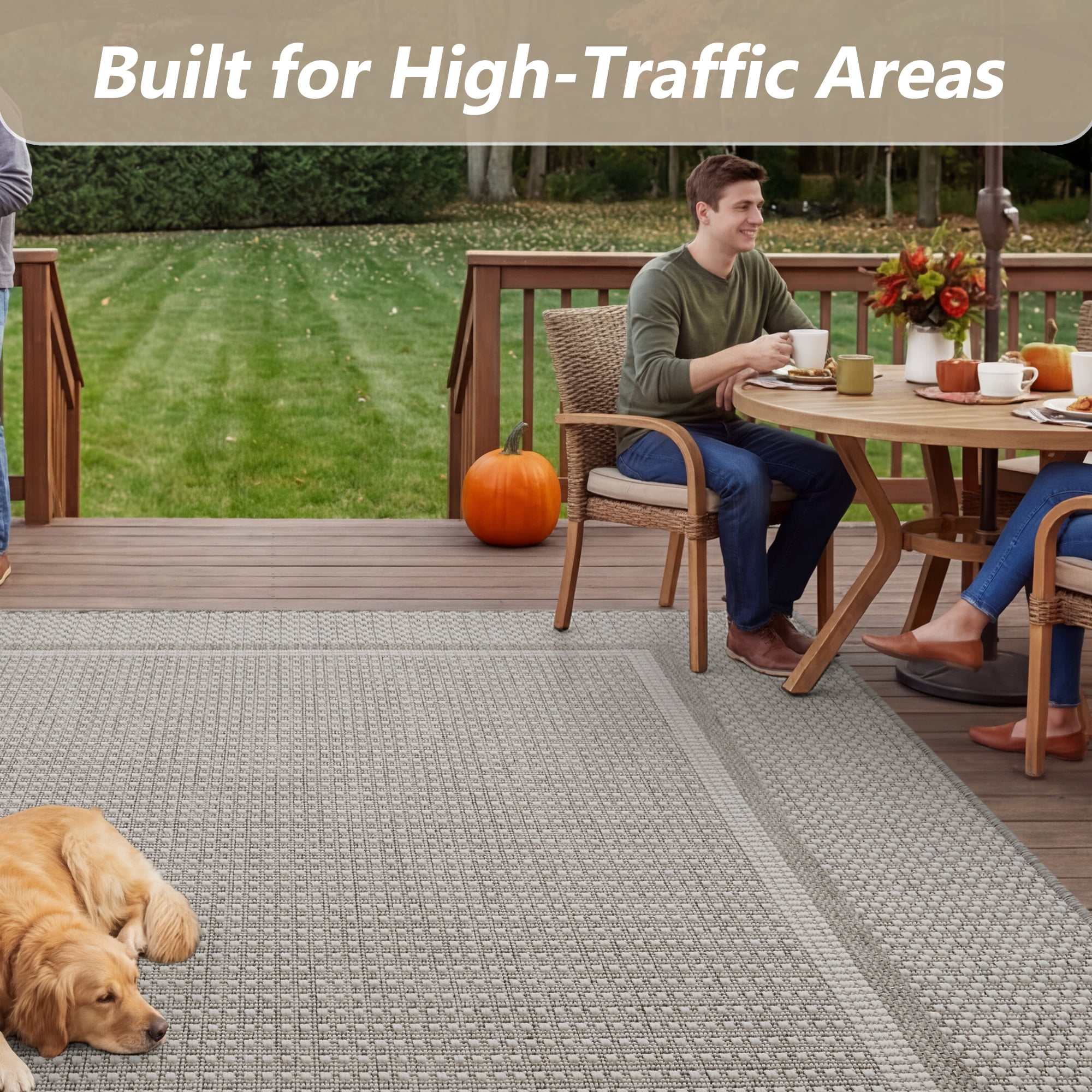 SIXHOME Outdoor Rug Modern Bordered Indoor Outdoor Patio Carpet (Neutral Gray, 9 ft x 12 ft) smlmv