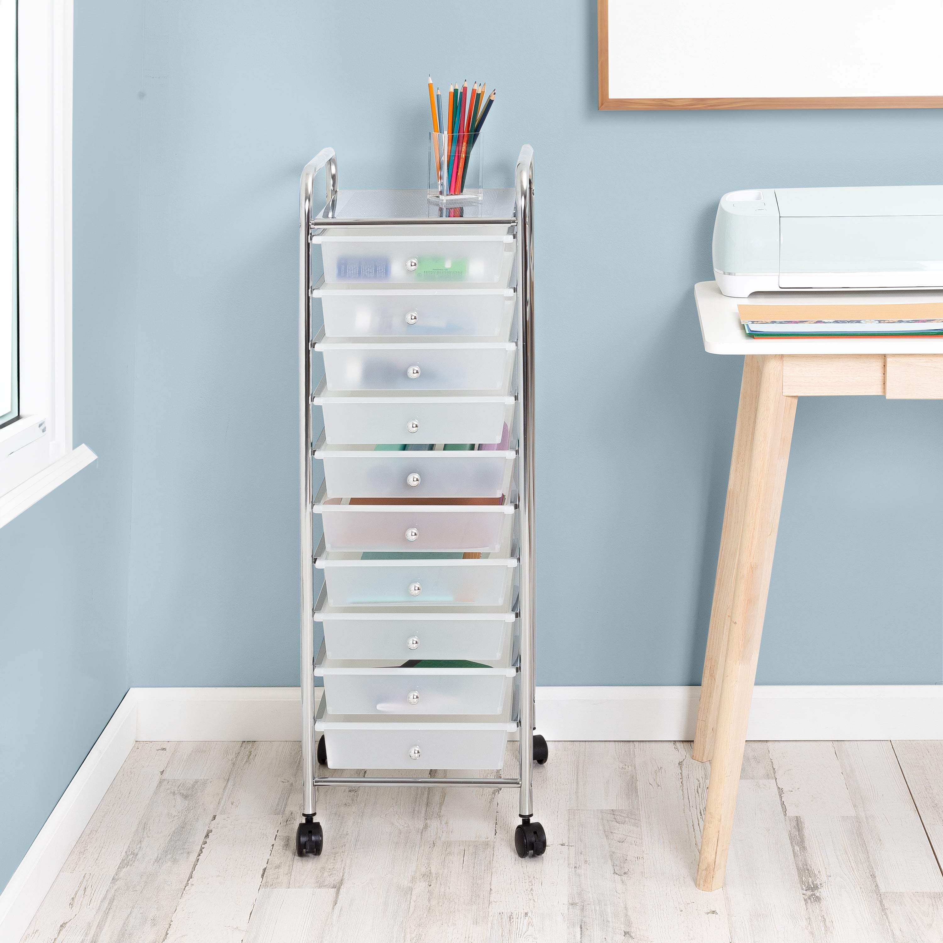 Hello Hobby 10-Drawer Rolling Craft Cart, Mobile Storage Organizer with Locking Wheels (Clear/Chrome, 15.31 in L x 12.6 in W x 38.1 in H) k0lp3