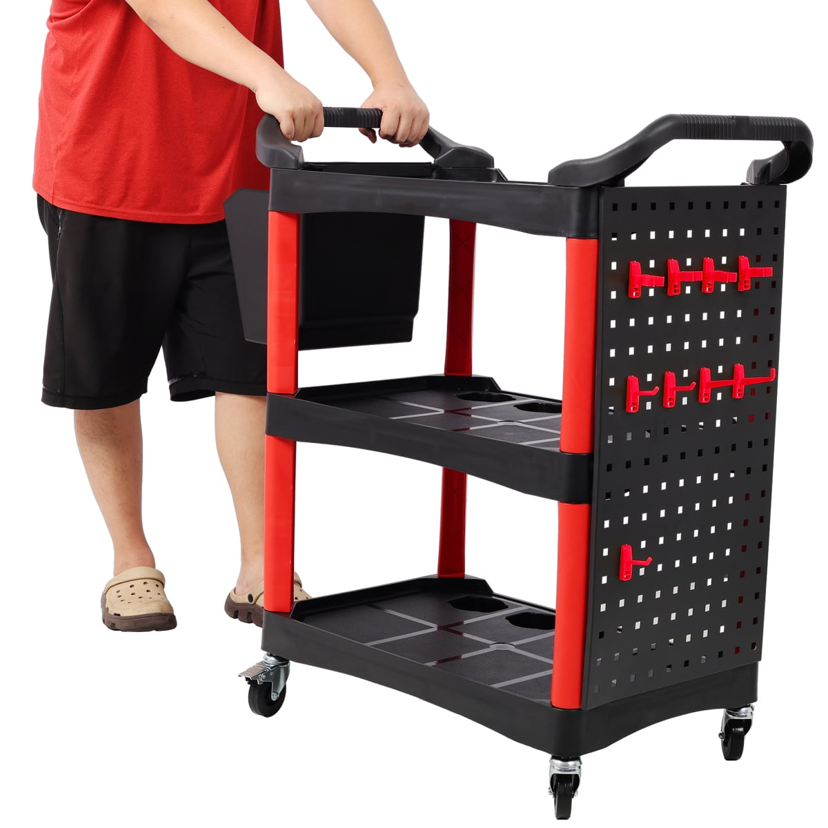 LuckyNote 3-Tier Rolling Auto Detail Cart with Pegboard and Hanging Bucket (Red and Black, 300 lb Capacity) 04so6