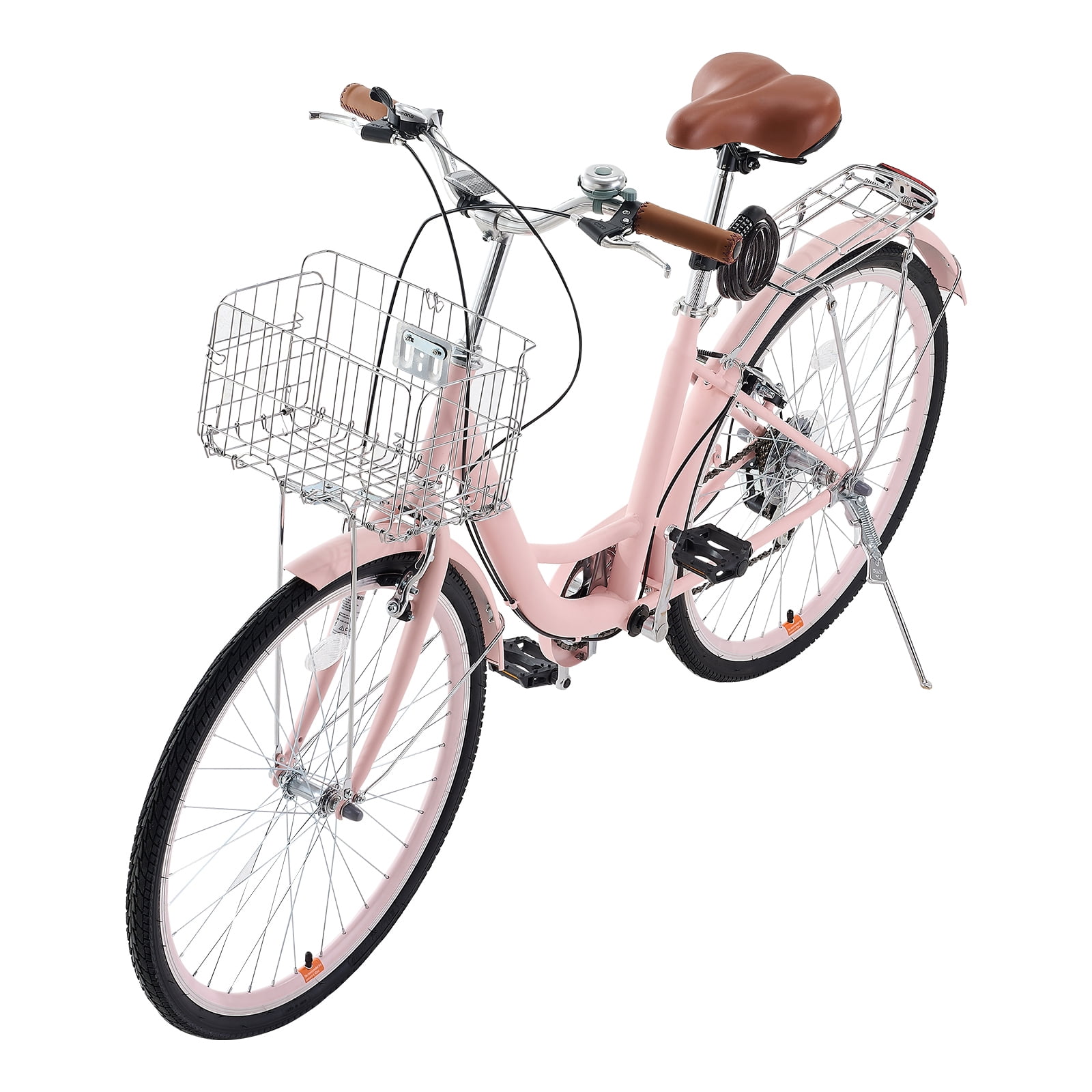 KFFKFF 26 in Cruiser Bike, 7-Speed Beach Bicycle with Basket and Rear Rack, Carbon Steel Frame for Adults (Rose-Tinted, 26 in) txqv8
