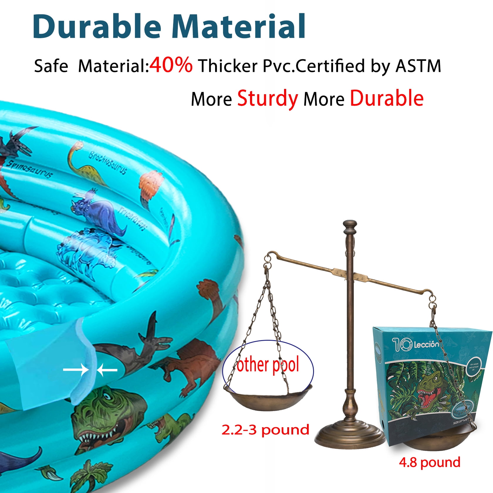 10Leccion Dinosaur Inflatable Kids Pool, Durable Round Swimming Pool for Toddlers, Portable Ball Pit (Blue, 57 in x 15 in) 6a2il