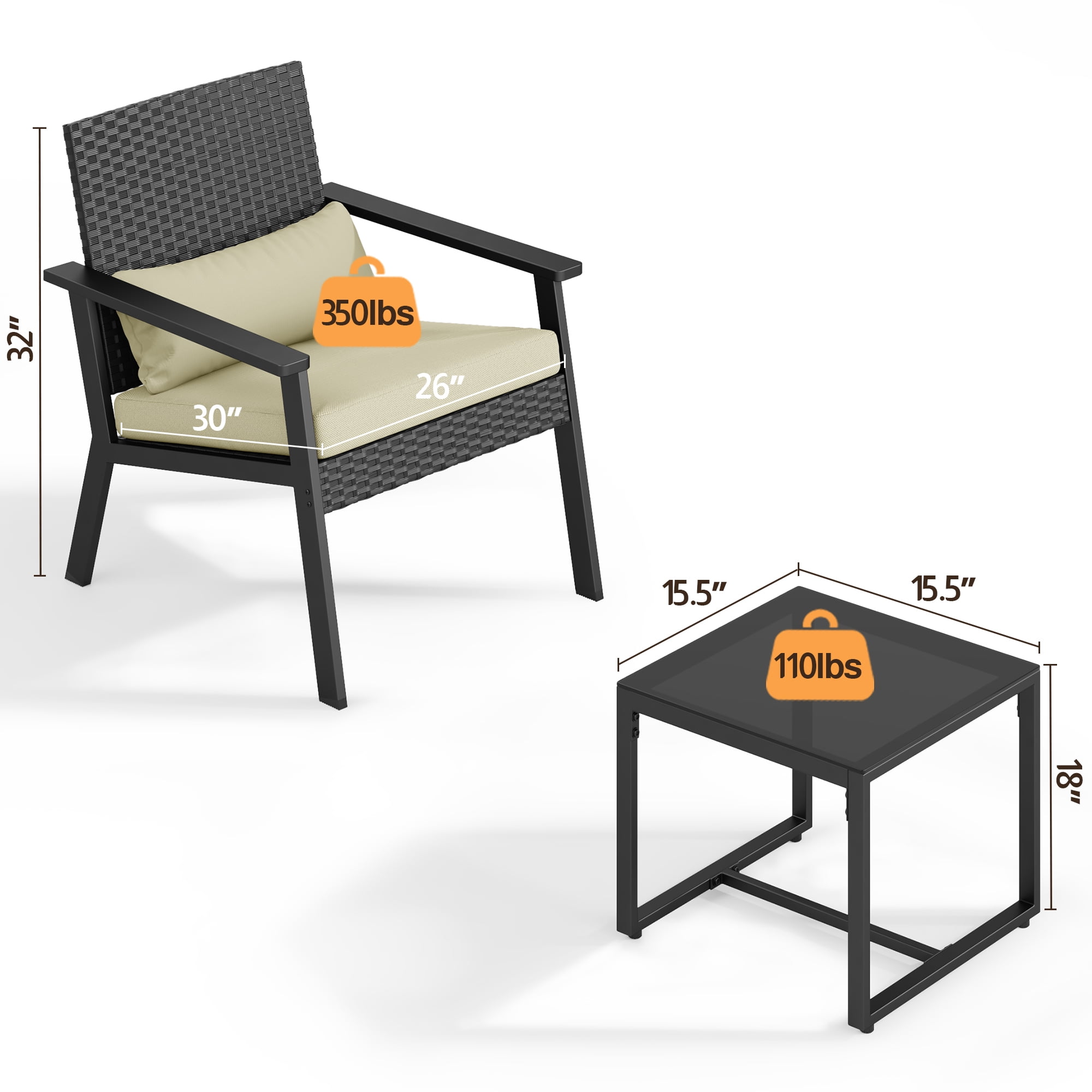Aiho 3-Piece Outdoor Wicker Patio Furniture Set with Glass Table (Gray, 30 in Depth) n51q5