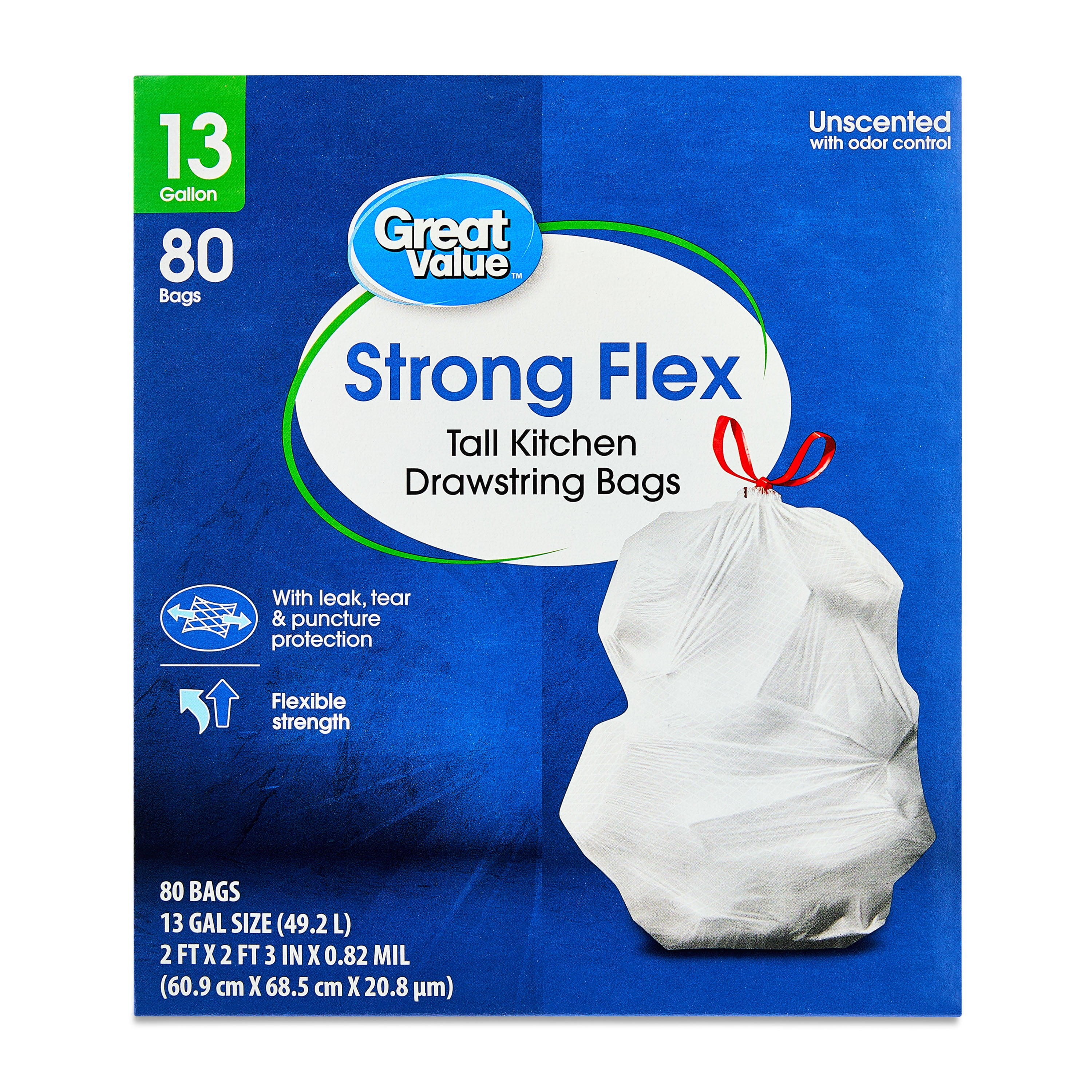 Great Value 13 Gallon Tall Kitchen Drawstring Trash Bags (White, 80 Count) o0x75