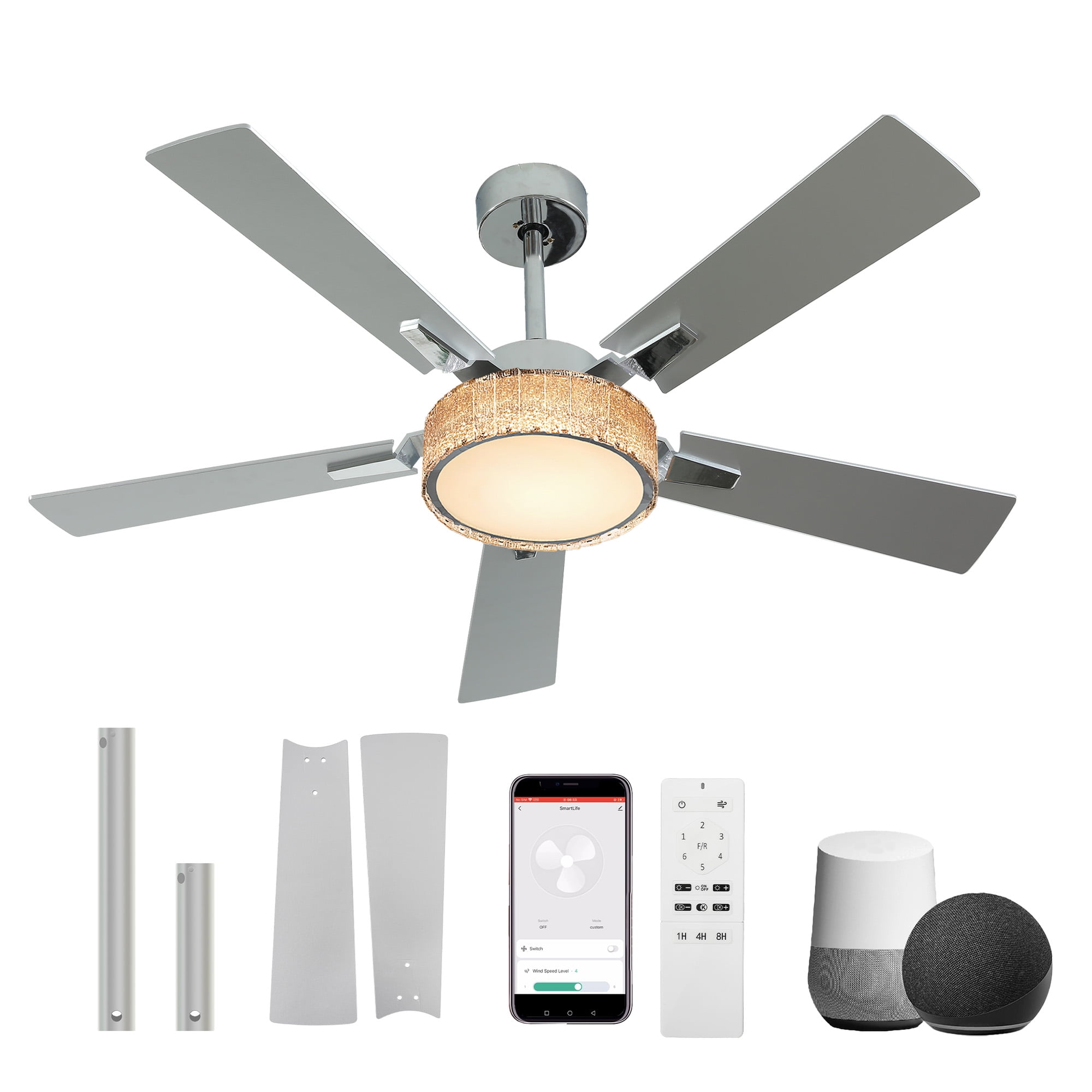 Craftian 52 Inch Smart Chandelier Ceiling Fan with LED Lights, App & Voice Control, Quiet DC Motor (Silver, 52 in) 6oo40
