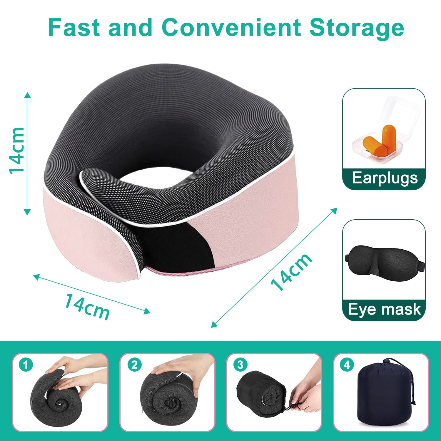 Merryhome Memory Foam Travel Neck Pillow, Ergonomic 360-Degree Support with Eye Mask and Earplugs (Pink, 0.7 lb) 5ih4y