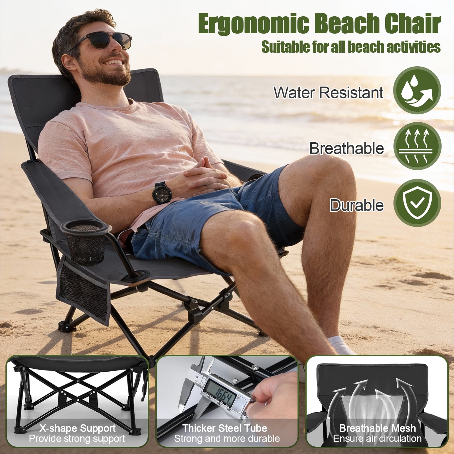 Walchoice Folding Beach Chair for Adults, Heavy Duty Portable Camping Chair with High Back and Cup Holder (Black, 30.7 in Wide) pt18e