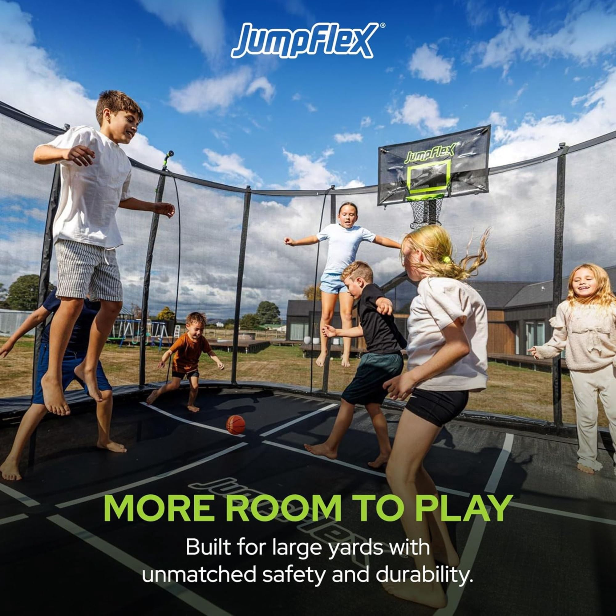 JumpFlex 19 ft Trampoline MEGA Outdoor Playset with Safety Net and Ladder (Green/Black, 19 ft) 5didx