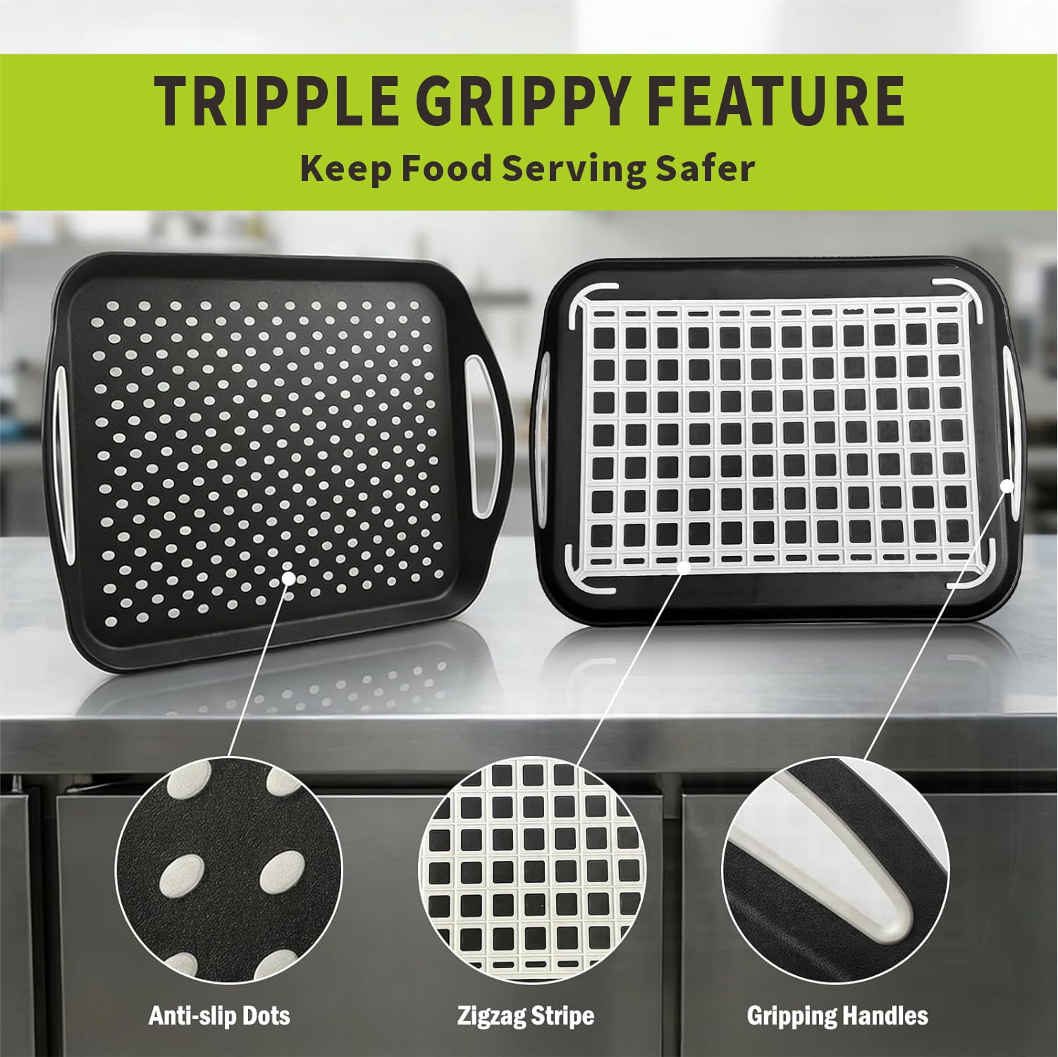 LYLHZRMDGC Non-Slip Serving Tray with Handles, Rubber Gripped Lap Food Tray for Eating, Dishwasher Safe (Black, 15.7 in x 11.2 in x 2 in) c9xwc