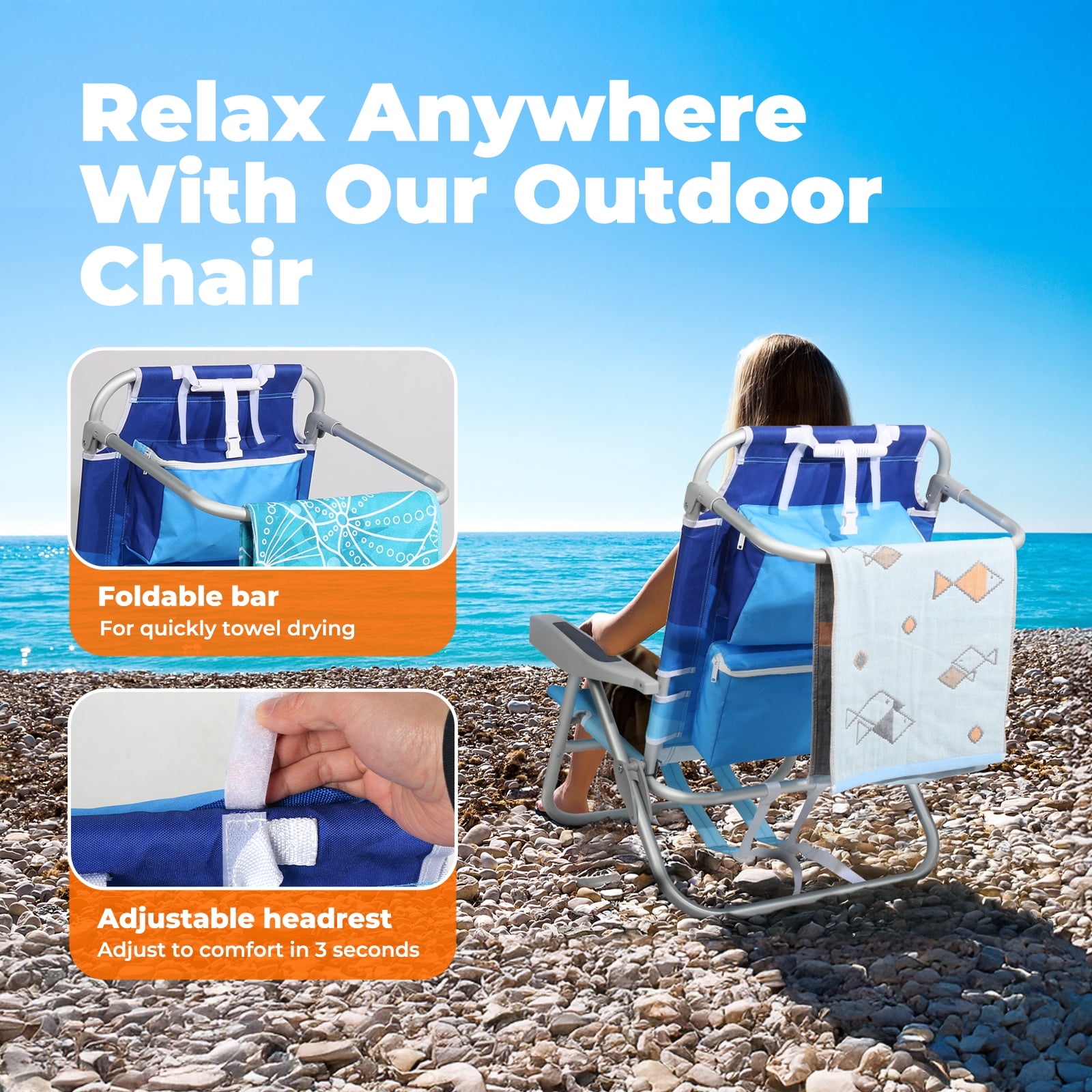 Join Nature 5-Position Lay-Flat Backpack Beach Chair with Insulated Cooler and Storage Pocket (Wave Blue, 300 lb Capacity) 97zzu