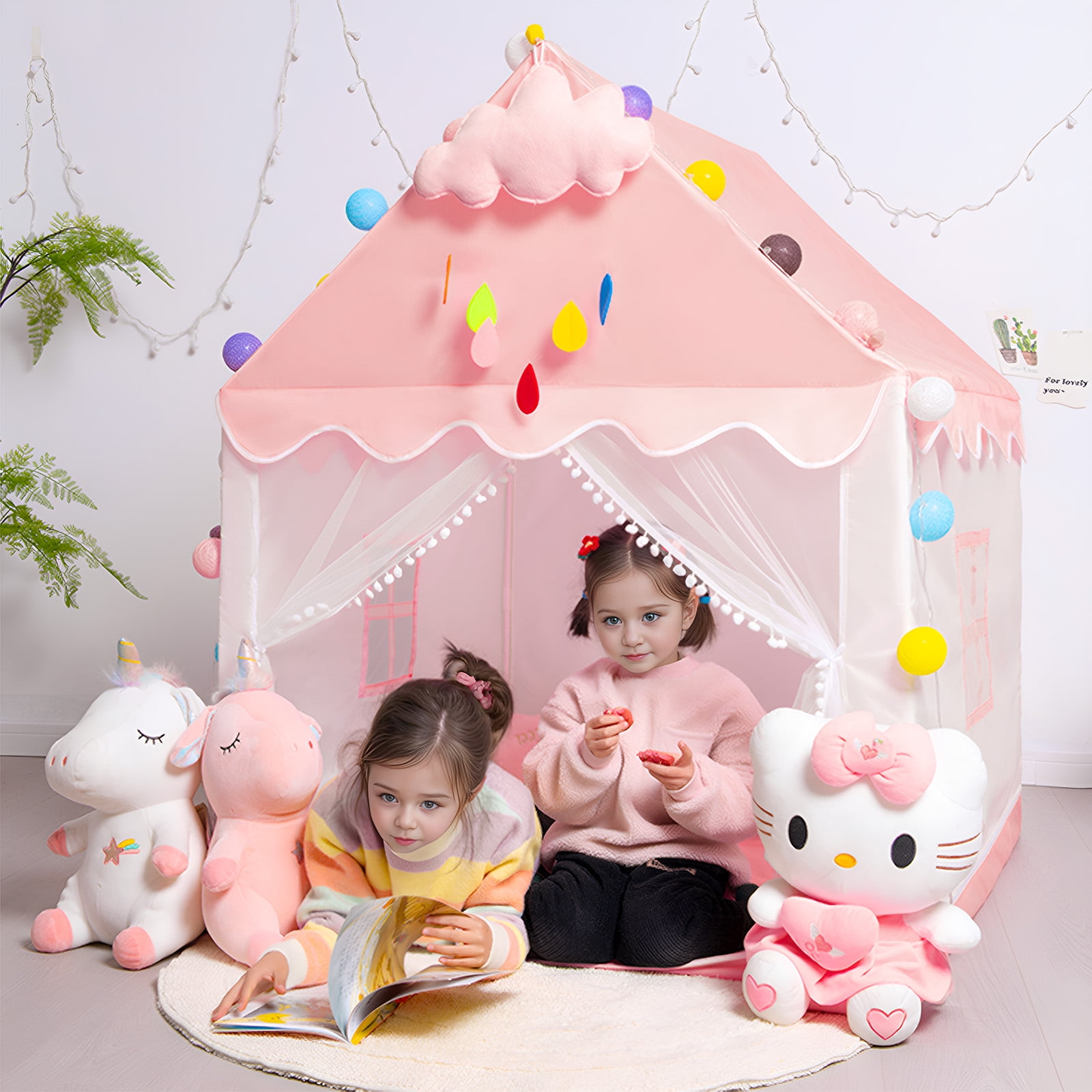 KEYAHAPPY Princess Playhouse Castle Kids Tent with Lights and Mesh Windows (Pink, 47.2 in L x 39.4 in W x 51.2 in H) 5blle