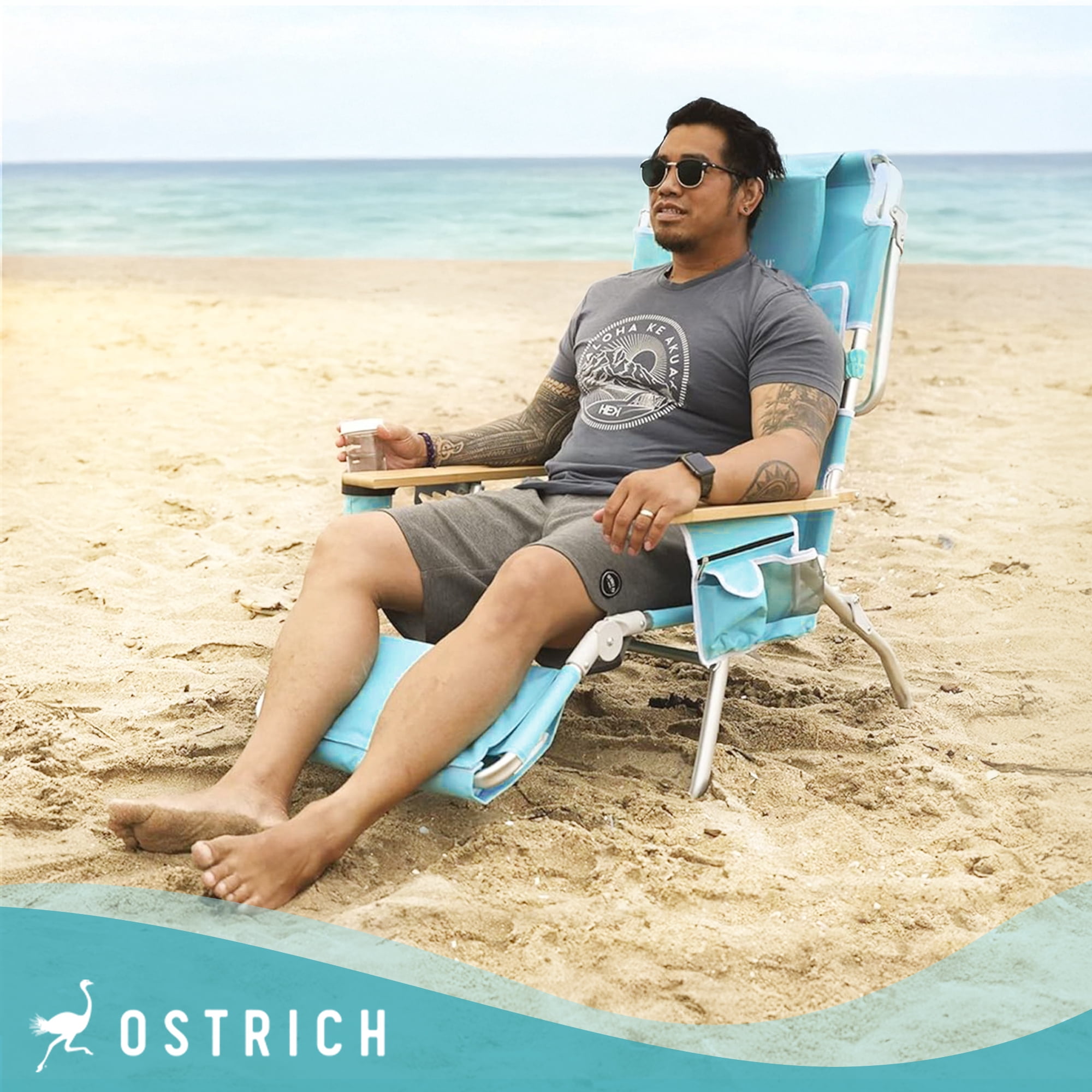 Ostrich Deluxe 3-in-1 Lightweight Outdoor Beach Lounge Chair with Footrest (Aqua, 60.76 in x 28.10 in x 39.73 in) 3px9w