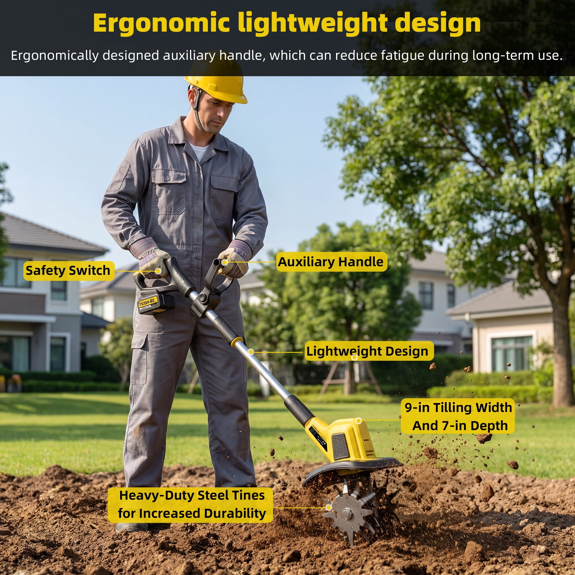 Tcisa 20V Cordless Electric Tiller, Garden Cultivator for Soil Tilling and Weeding (Yellow, 9 in Width) undlk