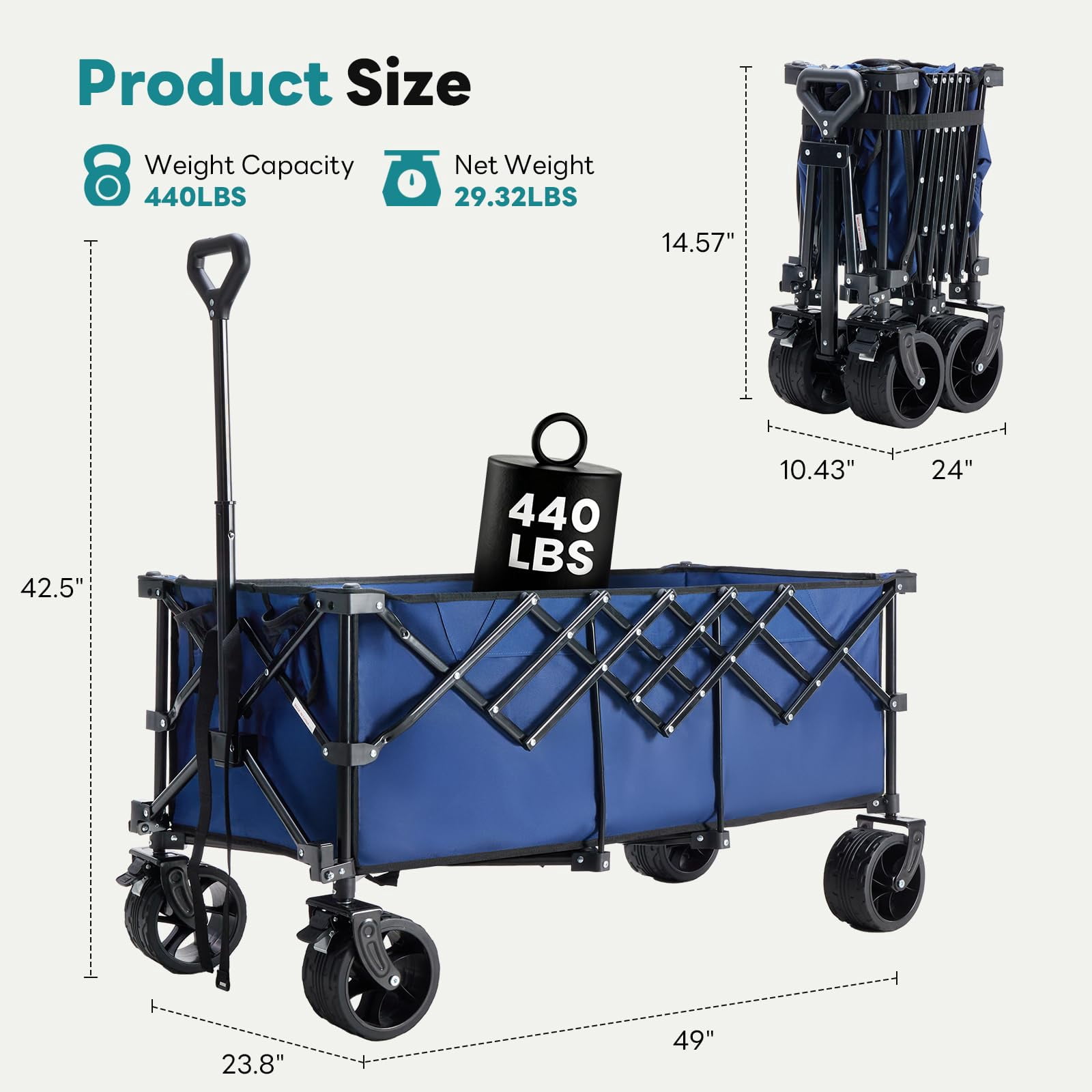 ACCVER Heavy Duty Collapsible Wagon, Folding Outdoor Utility Cart with All-Terrain Wheels and 440 lb Capacity (Blue) yqlyo