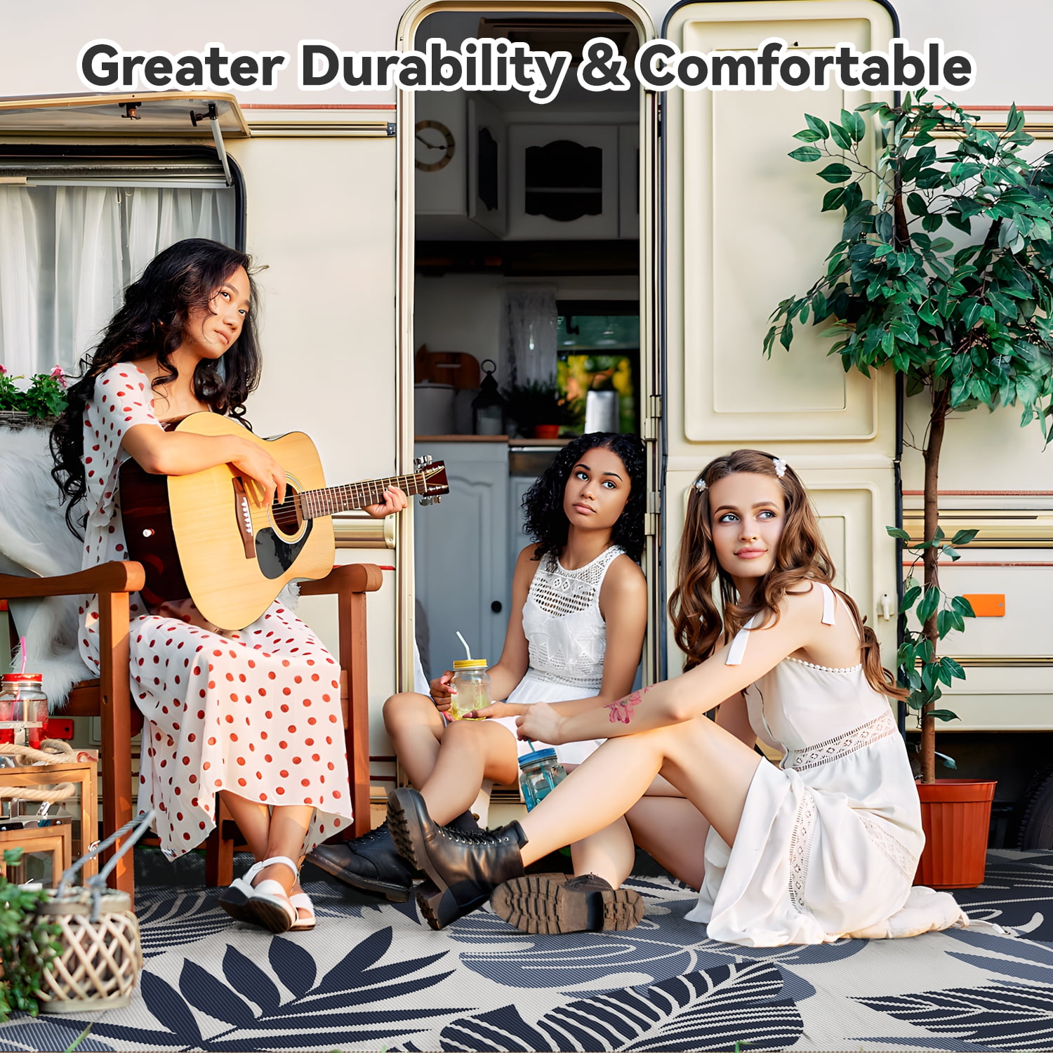 VUNATE Outdoor Rug Waterproof Reversible Patio Carpet (Beige and Blue, 5 ft x 8 ft) opul5