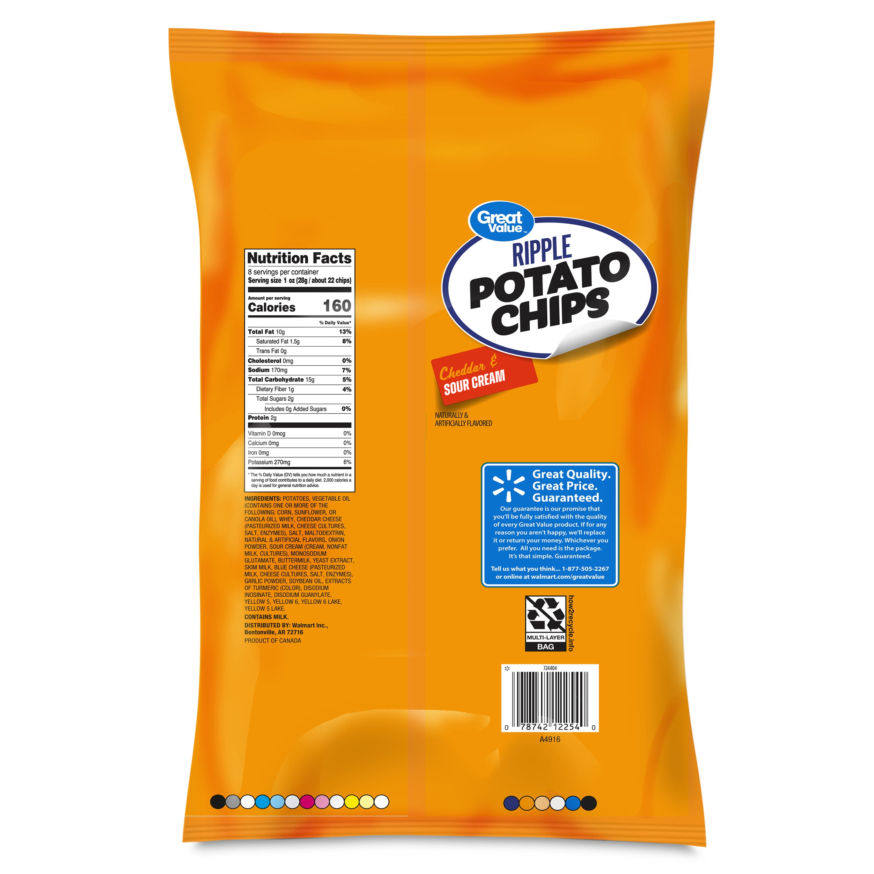 Great Value Rippled Cheddar & Sour Cream Potato Chips (4 Pack, 32 oz Total) na7y2