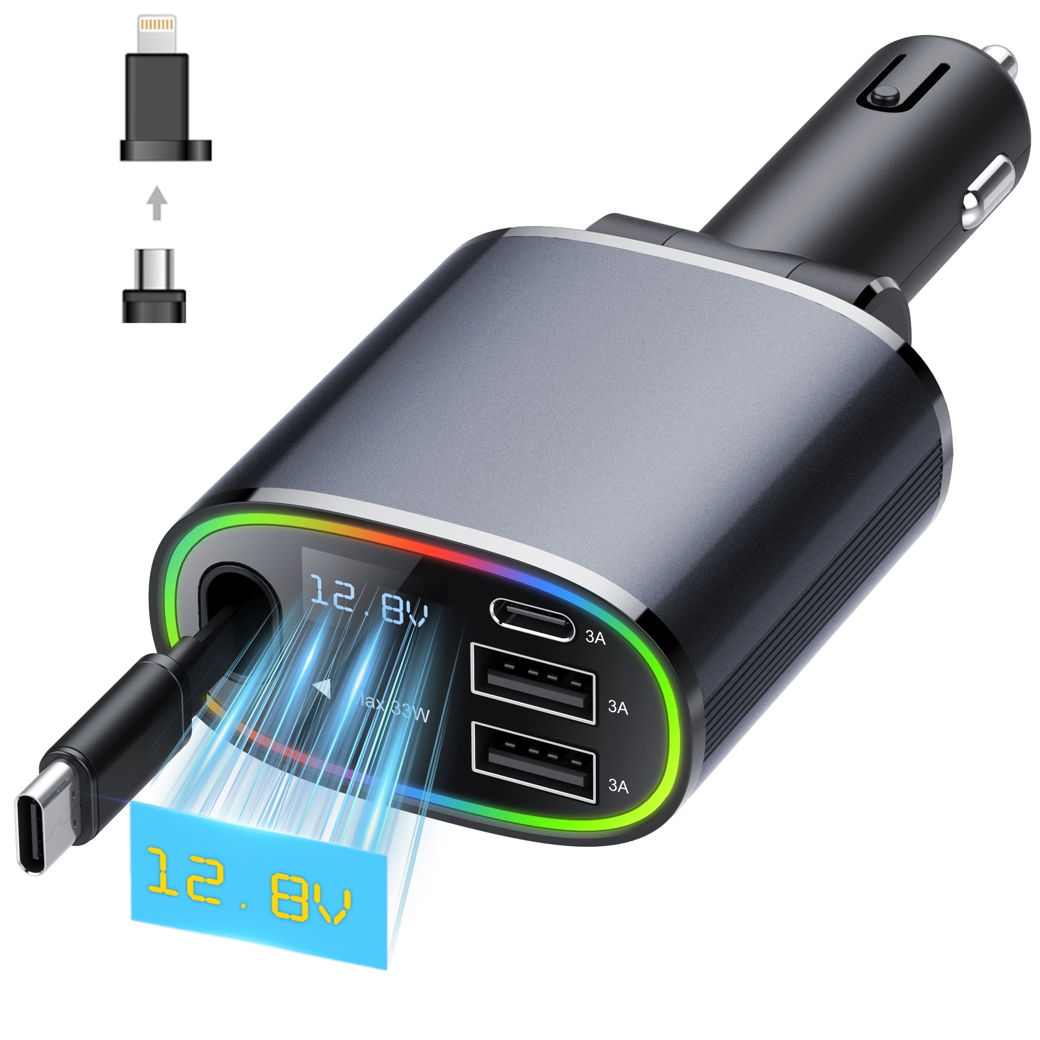Tikland 4-in-1 Retractable Car Charger, 78W Fast Charging USB-C Adapter with 2.6ft Cord (Black) v0nuw