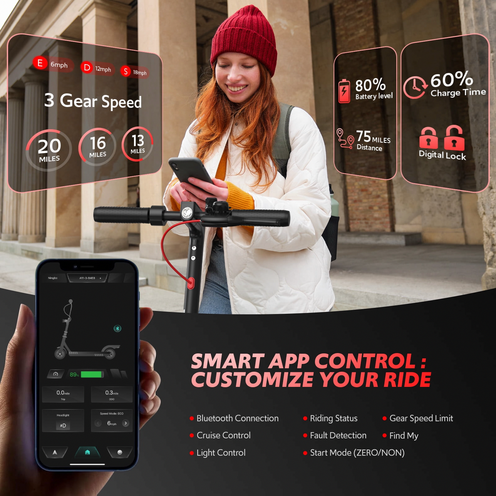 OSBOO Electric Scooter for Adults, Foldable Commuter E-Scooter with App Control & LED Lights (Black, 31 lbs) r0gep