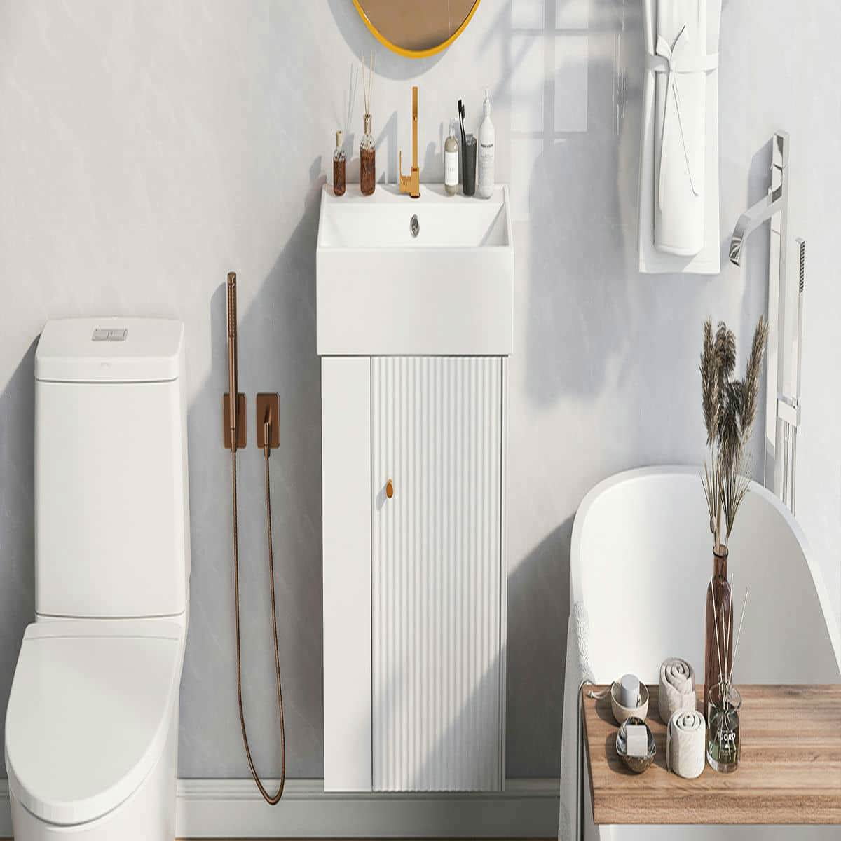 Kadyn Wall-Mount Bathroom Vanity, Modern Floating Vanity with Ceramic Basin and Left Side Storage (White, 21.6 in) 71b1h