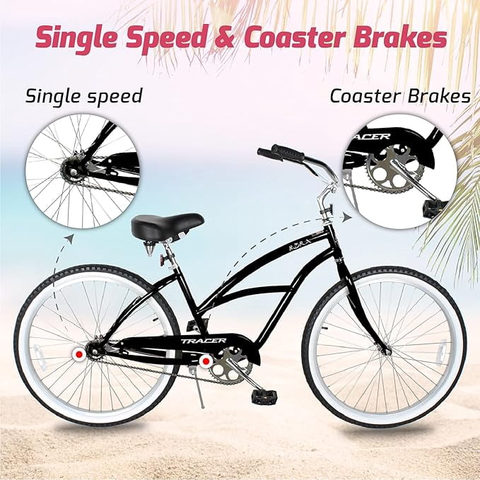 Tracer Bora Cruiser Beach Bike, Single Speed, 26 in Wheels, Durable Steel Frame (Matte Black) f3yjm