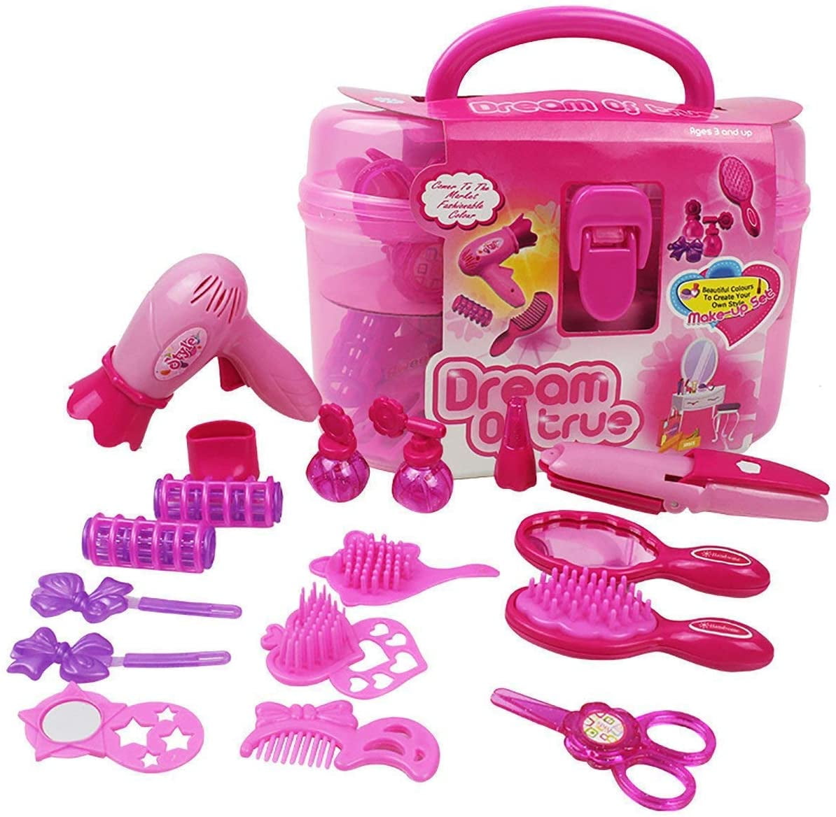 Rirool Pretend Play Makeup and Hair Salon Activity Set with Portable Carrying Case (Pink, 17-Piece Set) s7s60