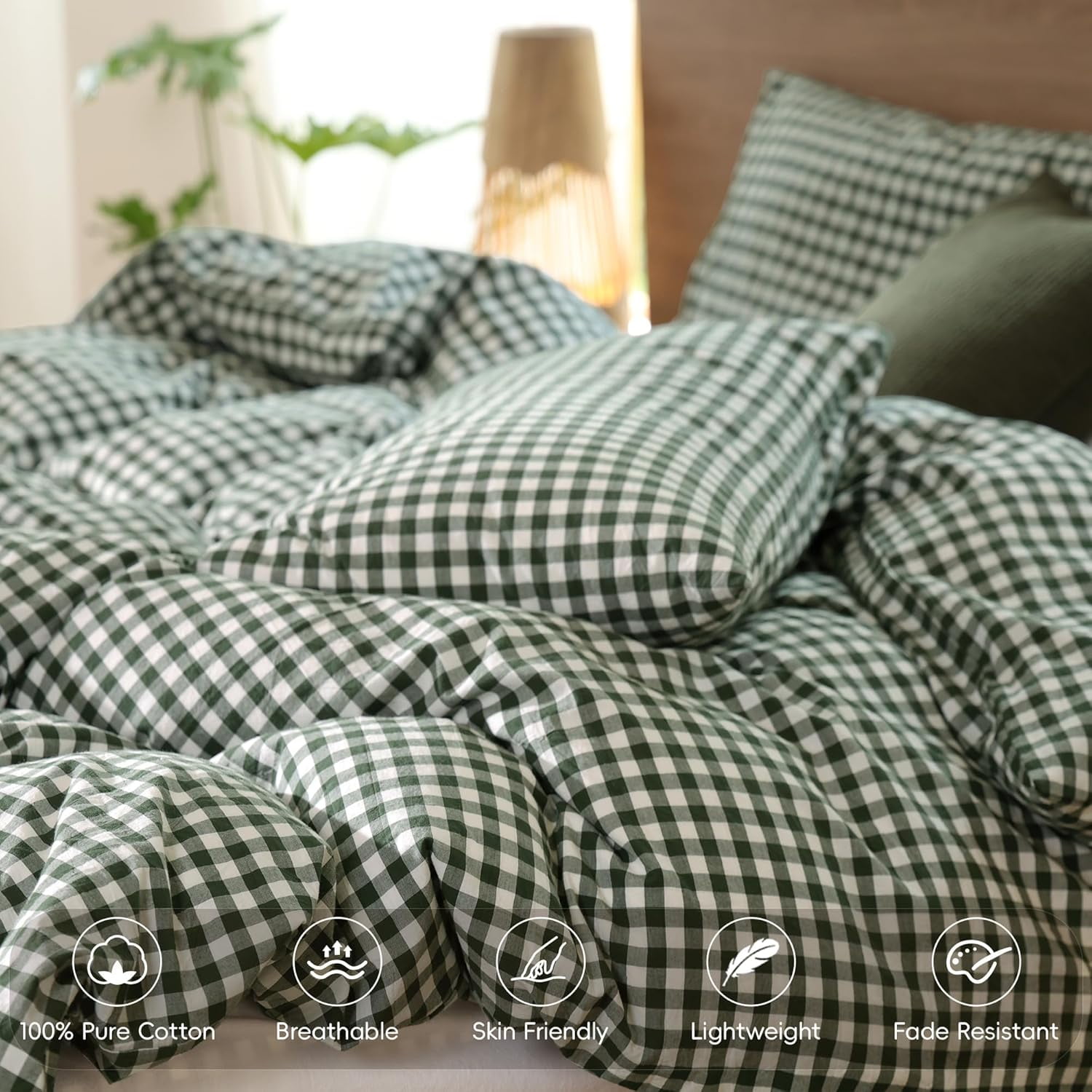 Nayoroom Organic Cotton Gingham Duvet Cover Set, Breathable Textured Bedding with Corner Ties (Dark Green, Queen) ctzkp