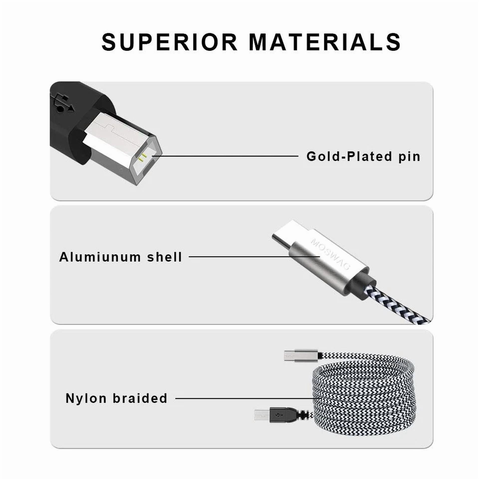 Rhea USB B to C Printer Cable, Nylon Braided High-Speed Data Sync Cord (Black, 6.6 ft) 2hrjx