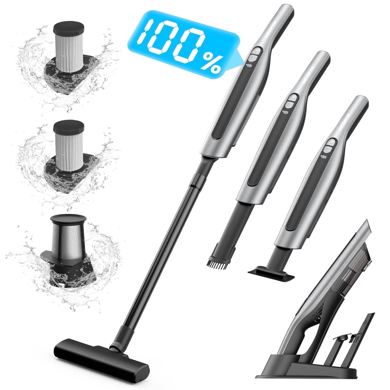 AUOSHI Cordless Handheld Vacuum Cleaner, 18KPa Strong Suction, Portable Car and Home Vacuum with Multiple Attachments (Silver, 6.76 fl oz) uyhfo