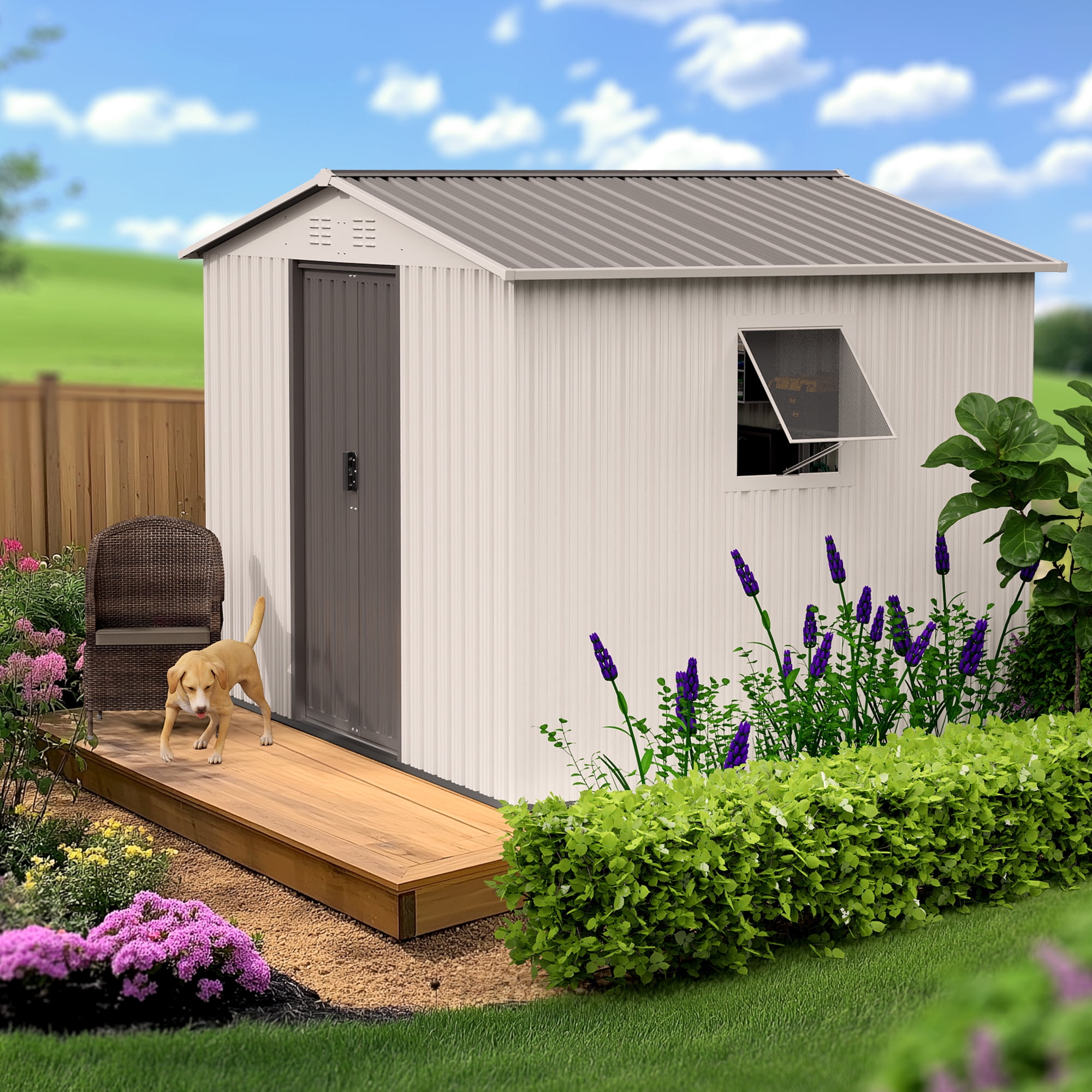 NICWIN Outdoor Steel Storage Shed, Weather-Resistant Metal Tool Shed with Windows and Air Vents (Creamy White, 6 ft x 8 ft) v9y35