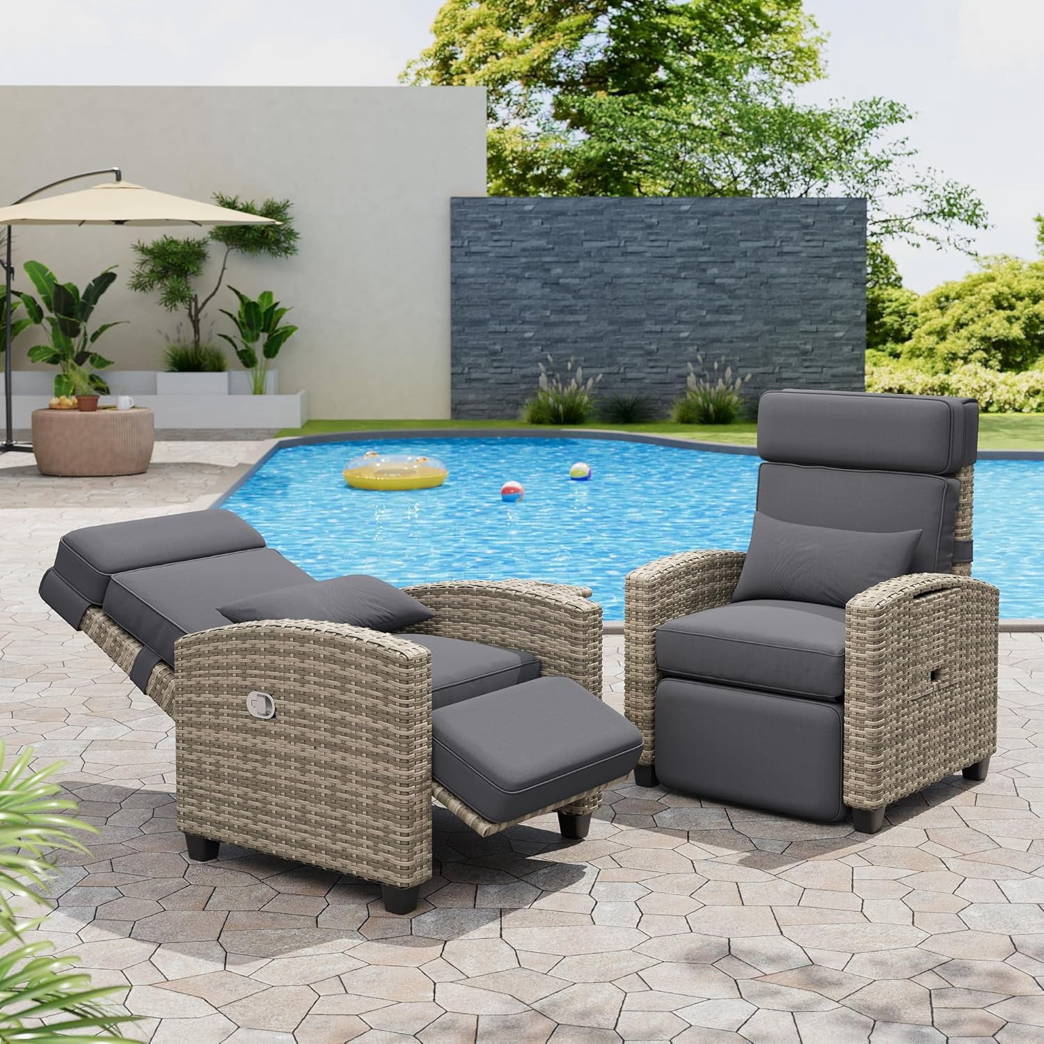 Homhougo Outdoor Rattan Recliner Chair Set (2-Piece, Grey, Adjustable 150° Lay Flat Lounge with Side Table) l8vku