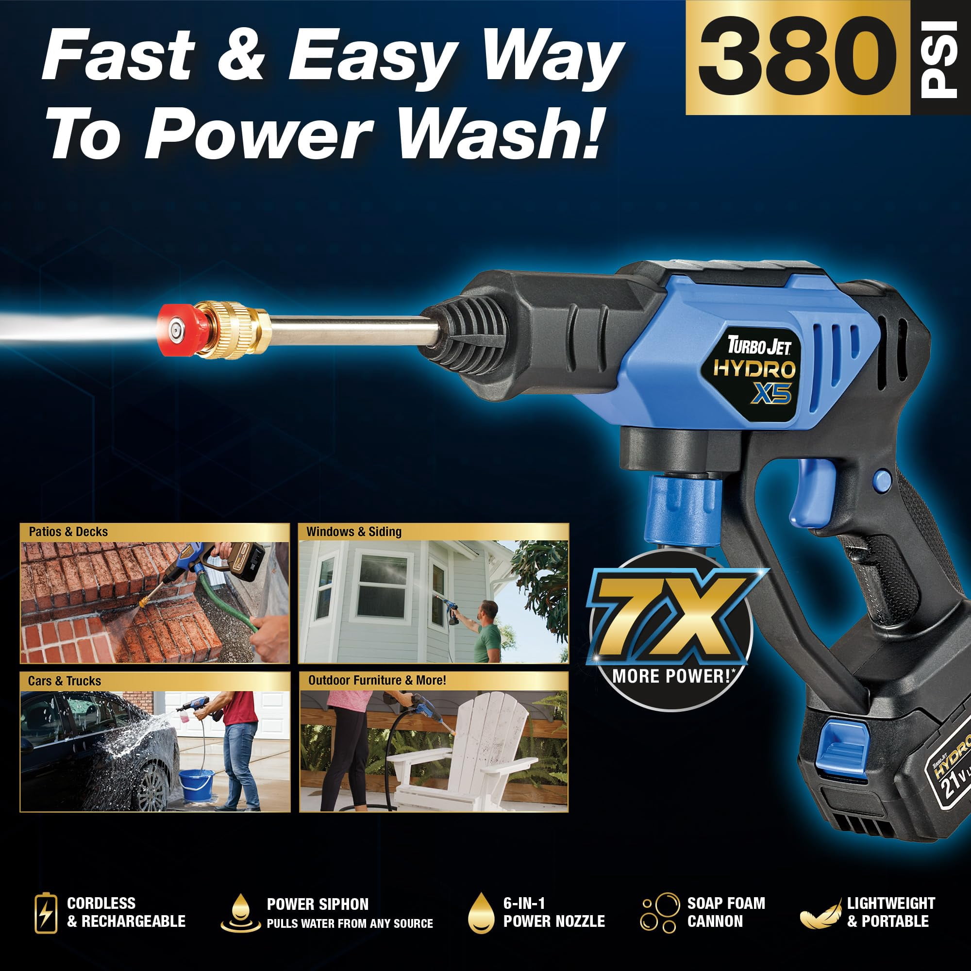 Turbo Jet X5 Pro+ Cordless Pressure Washer (380 PSI, 21V Battery) 0chcz
