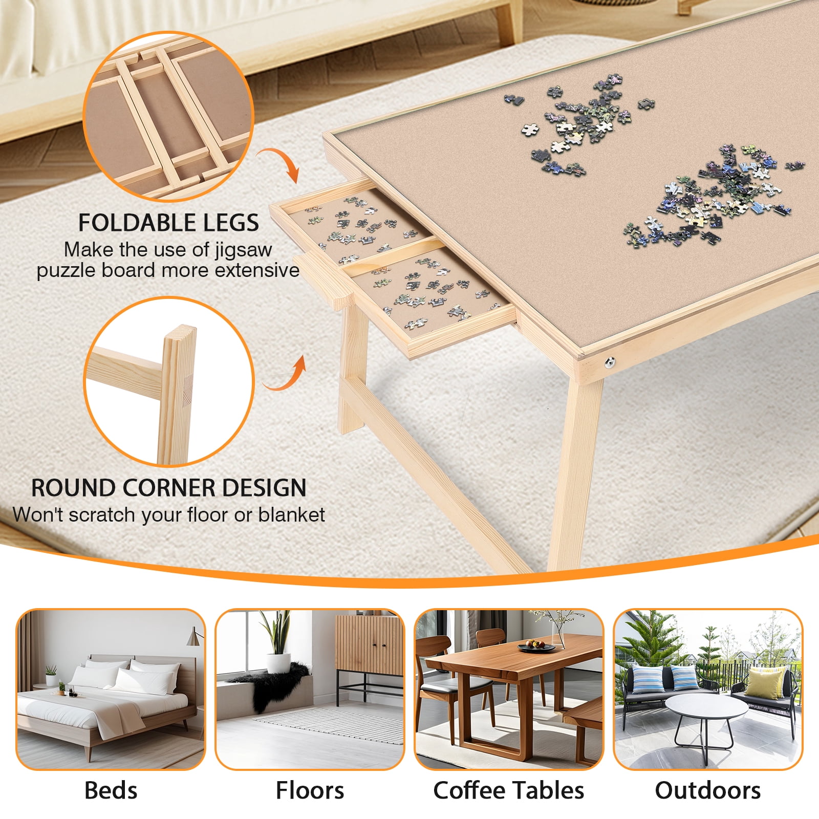 KALNUR Jigsaw Puzzle Board with Folding Legs and 2 Sliding Drawers (Natural Wood, 34 in x 26 in) 51zyj