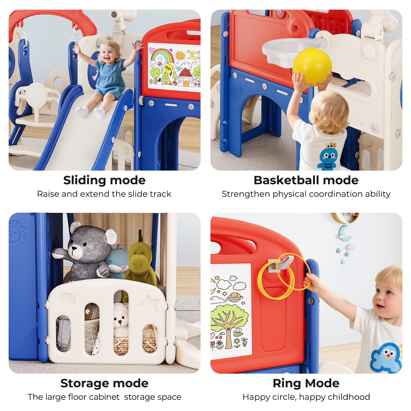Bobiber 11-in-1 Toddler Playground Slide and Activity Center (Blue/Red, 1 Unit) gxwhr