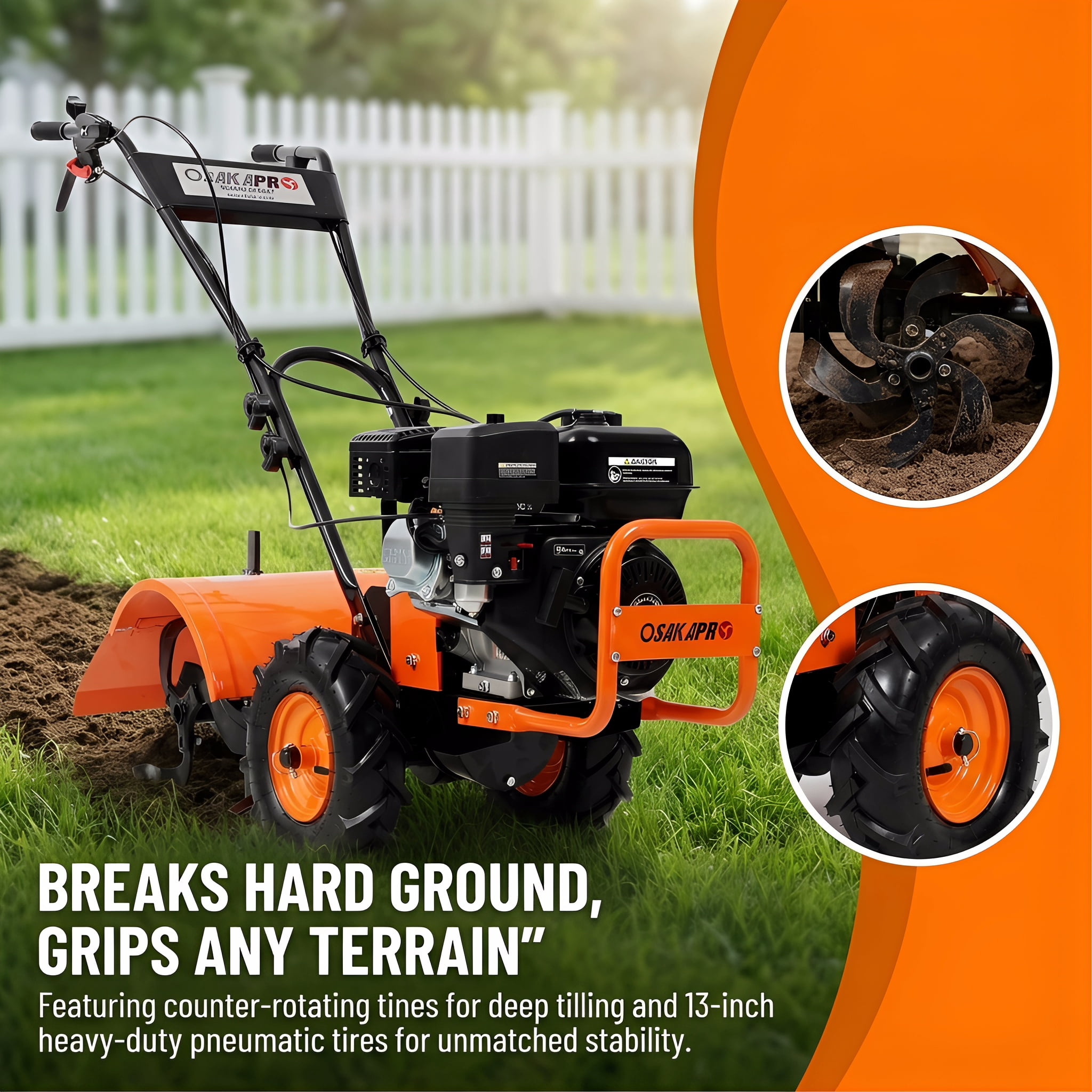 OTTO Heavy Duty Rear Tine Tiller 212cc Gas Powered Cultivator (20 in W x 8 in D, 13 in Tires) 0tgca