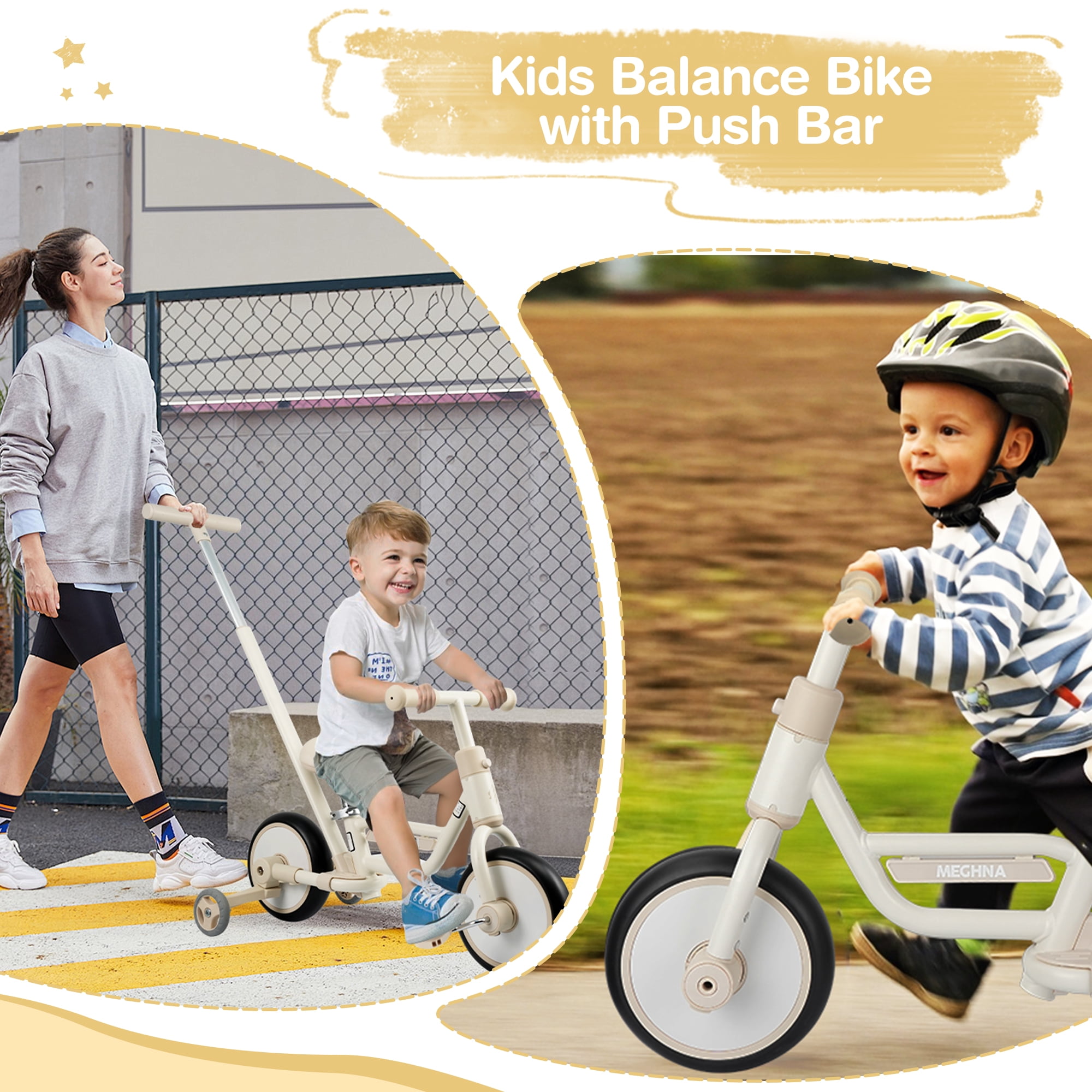MEGHNA 4-in-1 Toddler Balance Bike with Pushbar and Detachable Training Wheels (White) 9g9z8