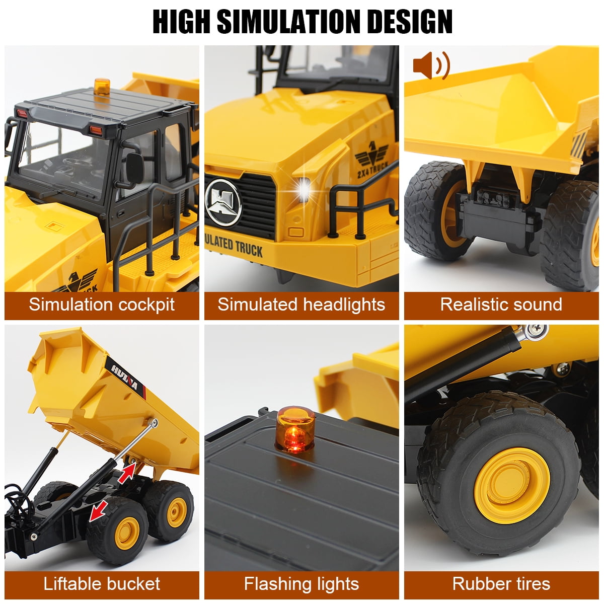 Fisca Remote Control Dump Truck, 6 Channel RC Construction Vehicle with Lights and Sound (Yellow, 15.55 in) tbofd