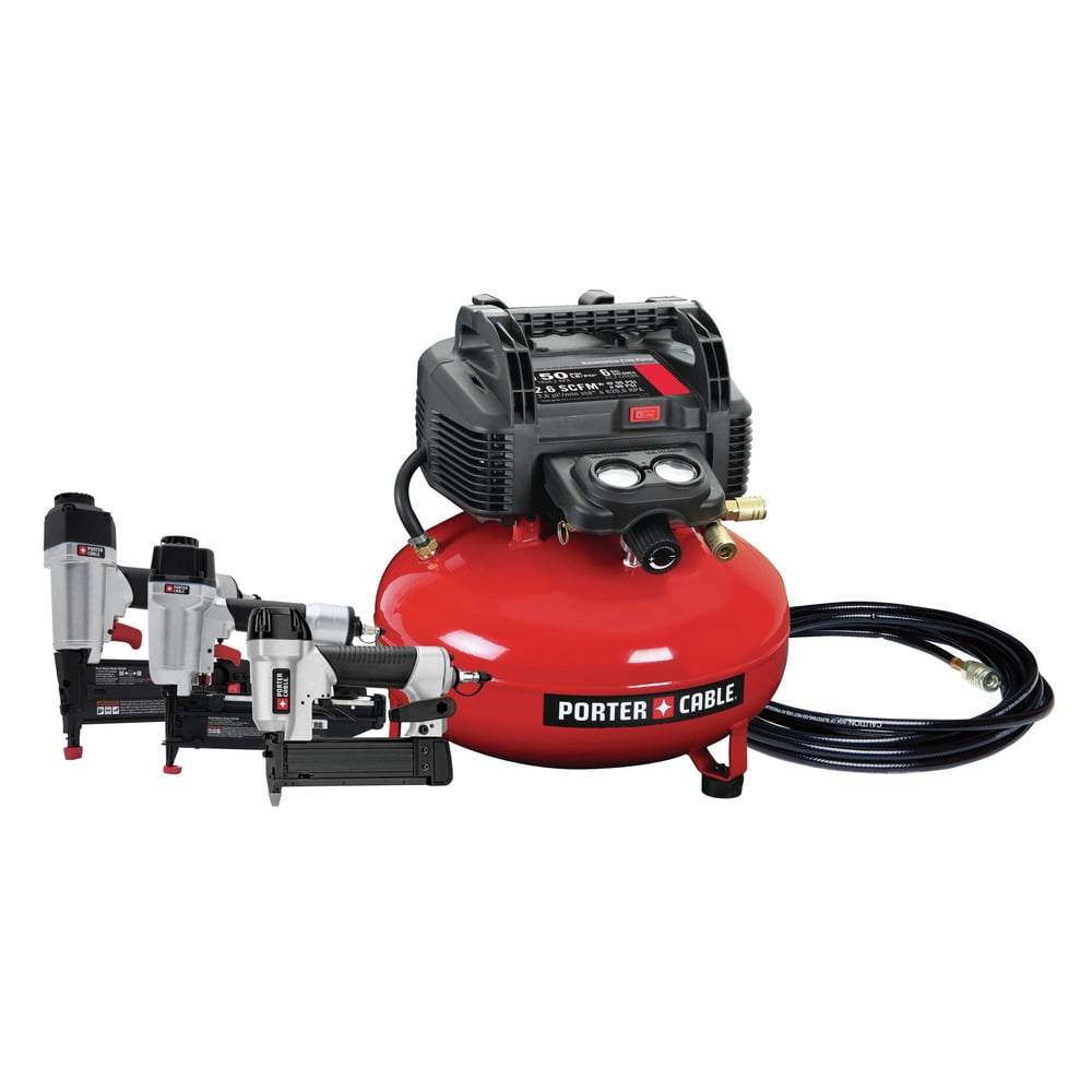 PORTER-CABLE 3-Piece Pneumatic Nailer and 6 Gallon Oil-Free Pancake Air Compressor Combo Kit (Refurbished, 6 Gallon) laxuh