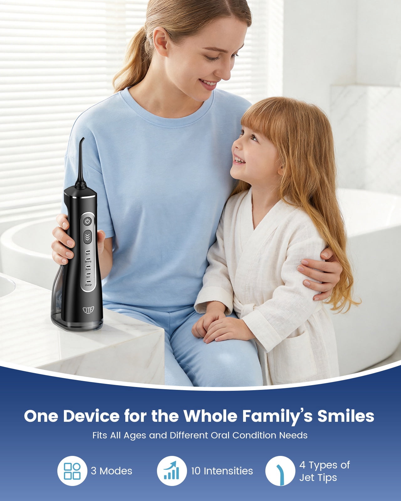 JTF Cordless Water Flosser for Teeth, Portable Oral Irrigator with 10 Pressure Levels and 9 Tips (Black, 10.14 fl oz) gkah9