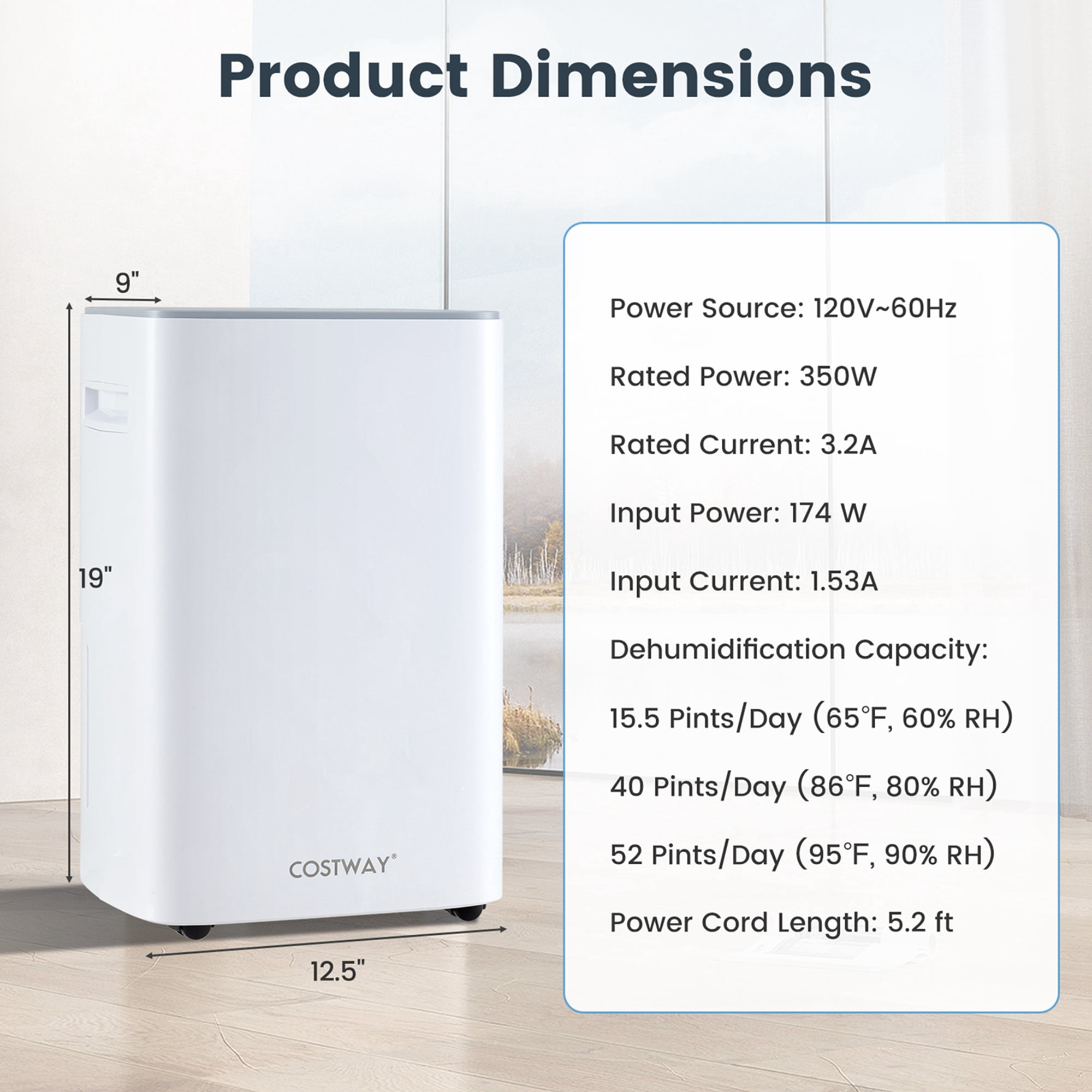 Costway Portable Dehumidifier for Basement and Home, High-Efficiency Moisture Removal (White, 15.5 Pint DOE) c37jq